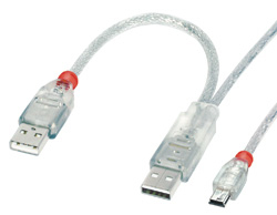 USB 2.0 Dual Power Y-Kabel, Typ 2 x A (50cm) / Mini-B, 2m