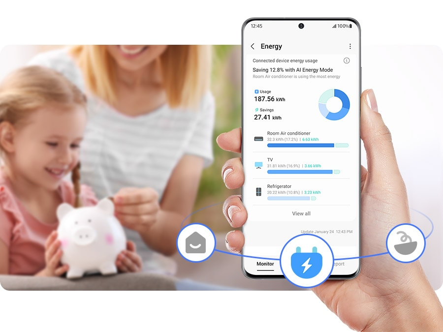 Überwacht und verwaltet den Energieverbrauch von smarten vernetzten Geräte für einen energieeffizienten Umgang im Zuhause und um Geld zu sparen.