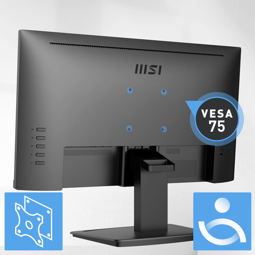 VESA MountableThe MSI PRO MP223 Series supports a standard 75mm VESA-mount*, and is compatible with the MSI Cubi Series mini-PC for an invisible desktop setup.  *Enjoy a cleaner desktop and superior Cable Management with the MSI VESA Arm MT81 (not include