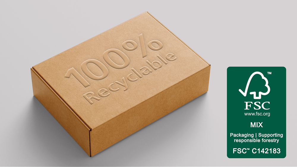 100% gerecycled materiaal en FSC-gecertificeerde verpakking