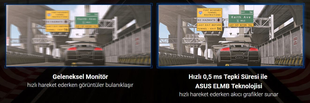 Yıldırım hızında 0,5 ms* tepki süresi ile ASUS Çok Düşük Hareket Bulanıklığı Teknolojisi