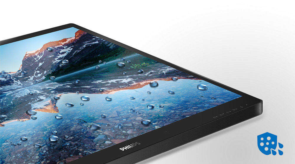 La superficie anteriore del monitor è conforme allo standard IP65 per la resistenza all'acqua e alla polvere