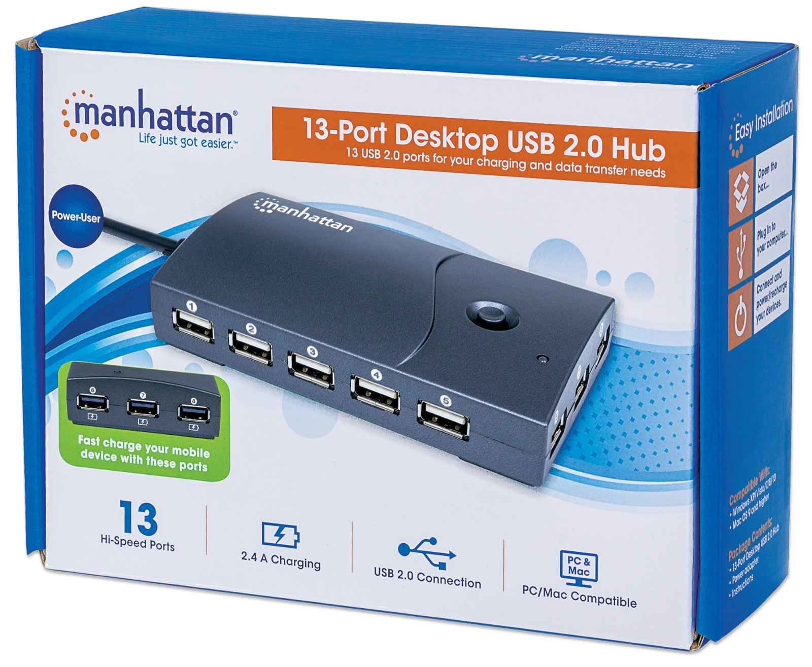 Manhattan USB 2.0 Desktop USB Hub, 13 x USB 2.0 ports, AC or Bus Power, Multiple Transaction Translator, 2.4A Fast Charge Capable, Black, Boxed (Euro 2-pin plug – image 2