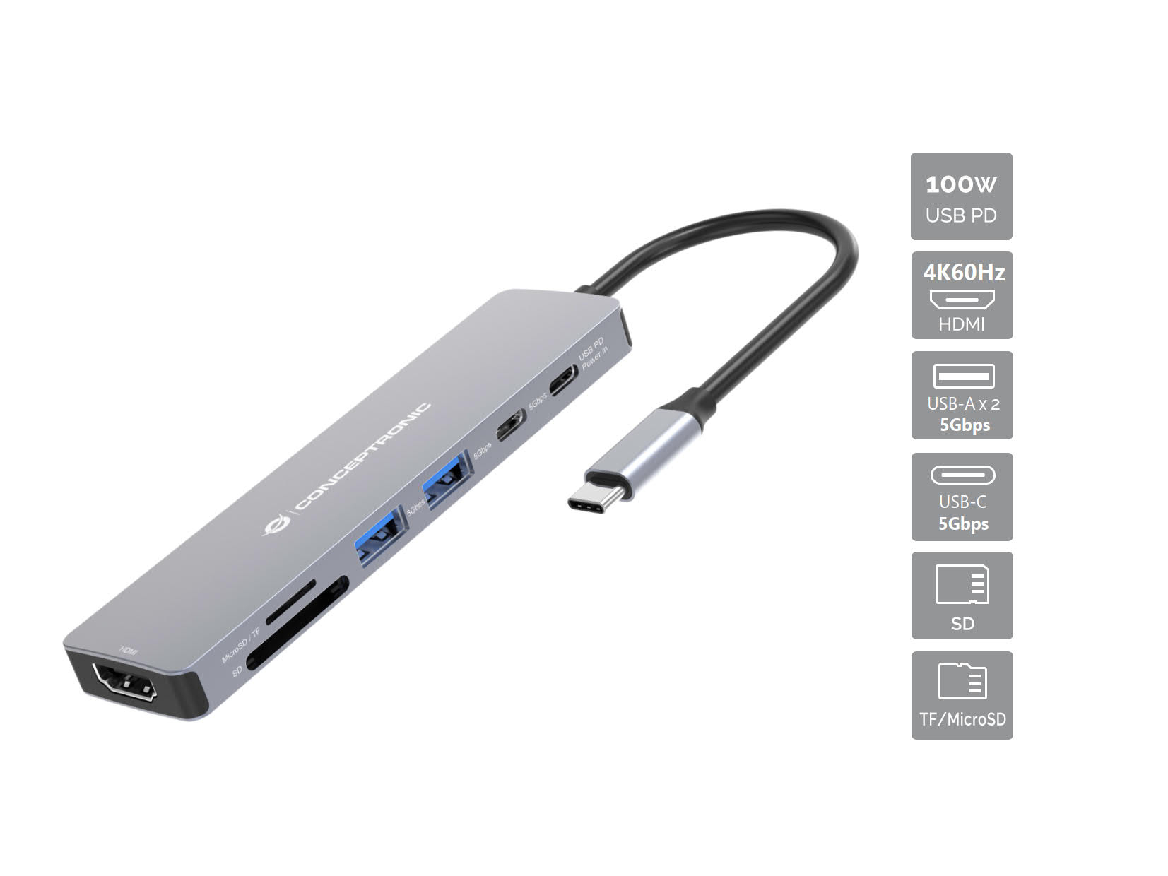 Conceptronic DONN28G replicatore di porte e docking station per laptop Cablato USB 3.2 Gen 1 (3.1 Gen 1) Type-C Grigio