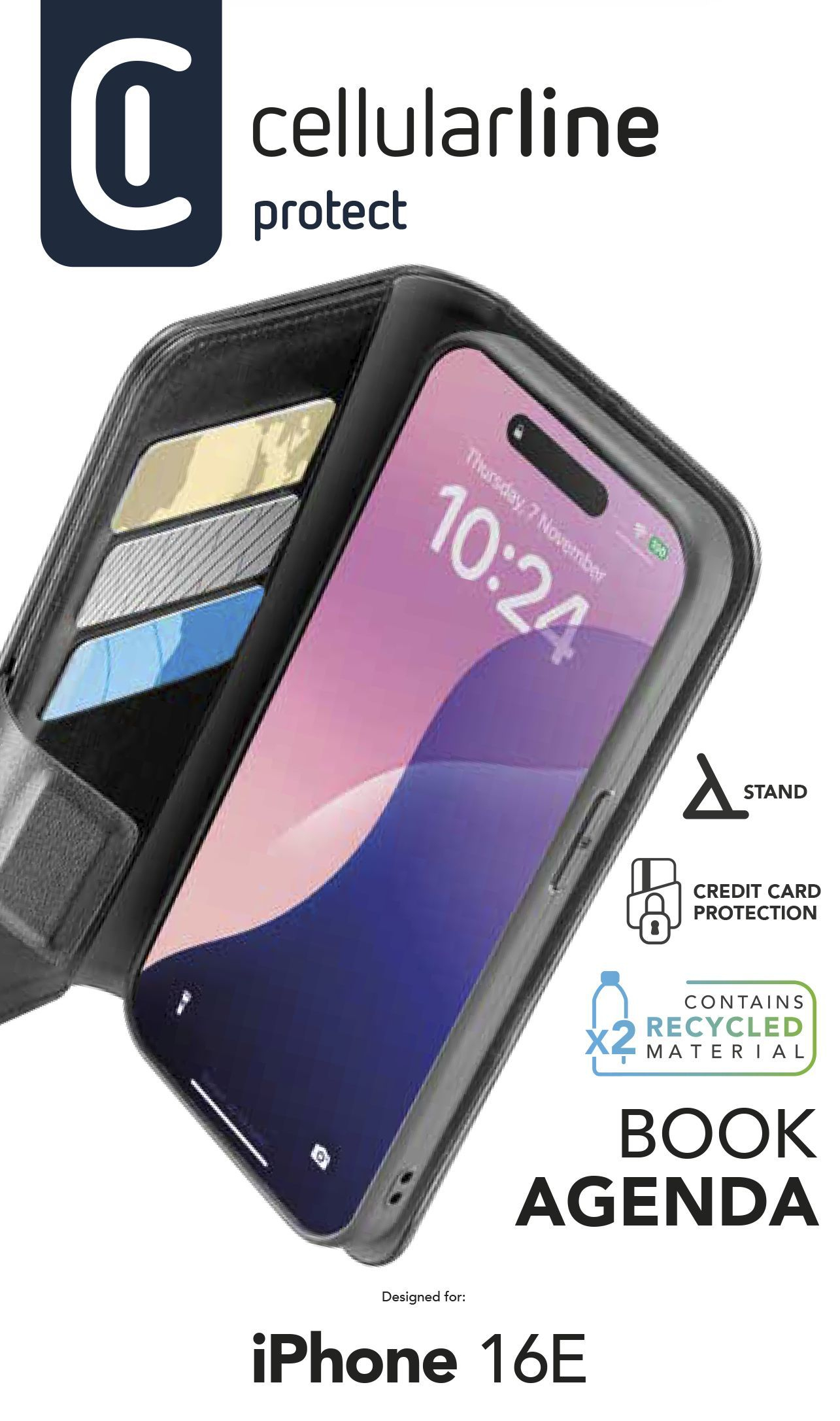Cellularline Book Agenda - iPhone 16E Custodia a libro effetto pelle con chiusura magnetica