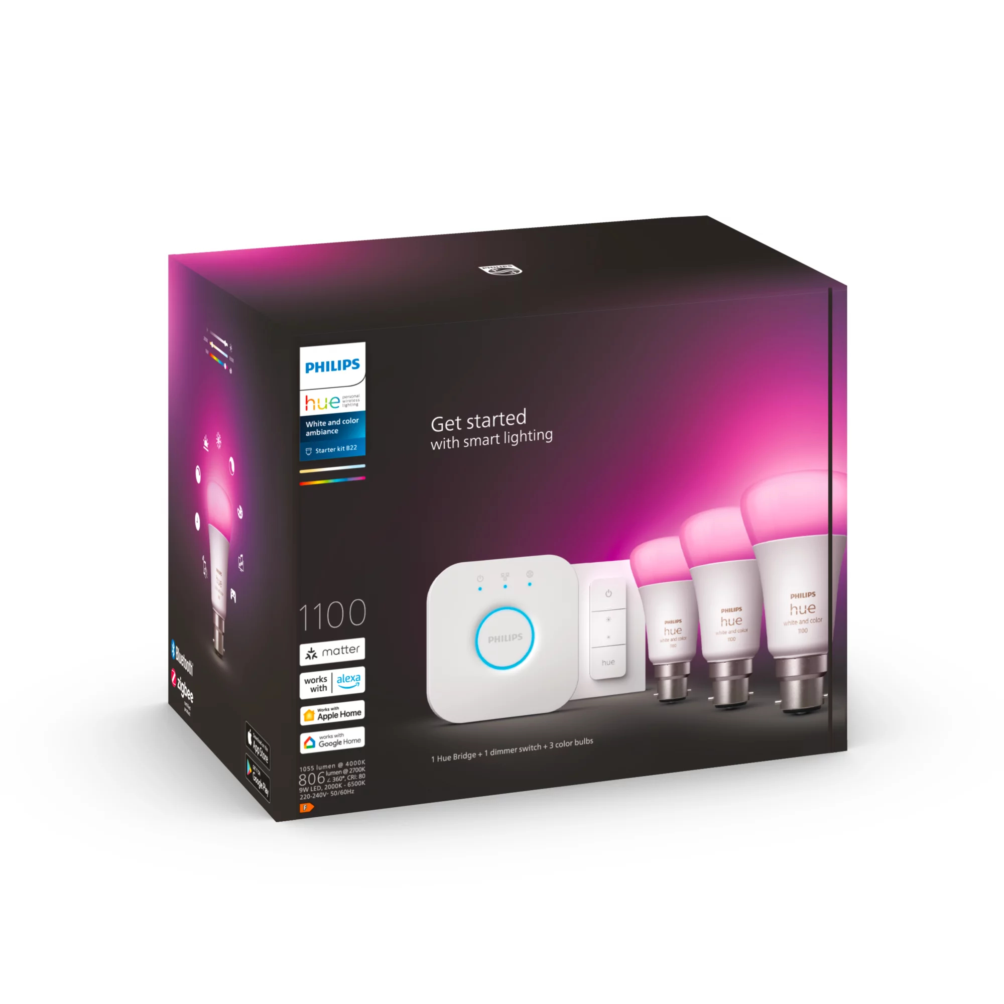 Philips by Signify Philips Hue White and colour ambience Starter kit: 3 B22 smart bulbs (1100) + dimmer switch – image 3