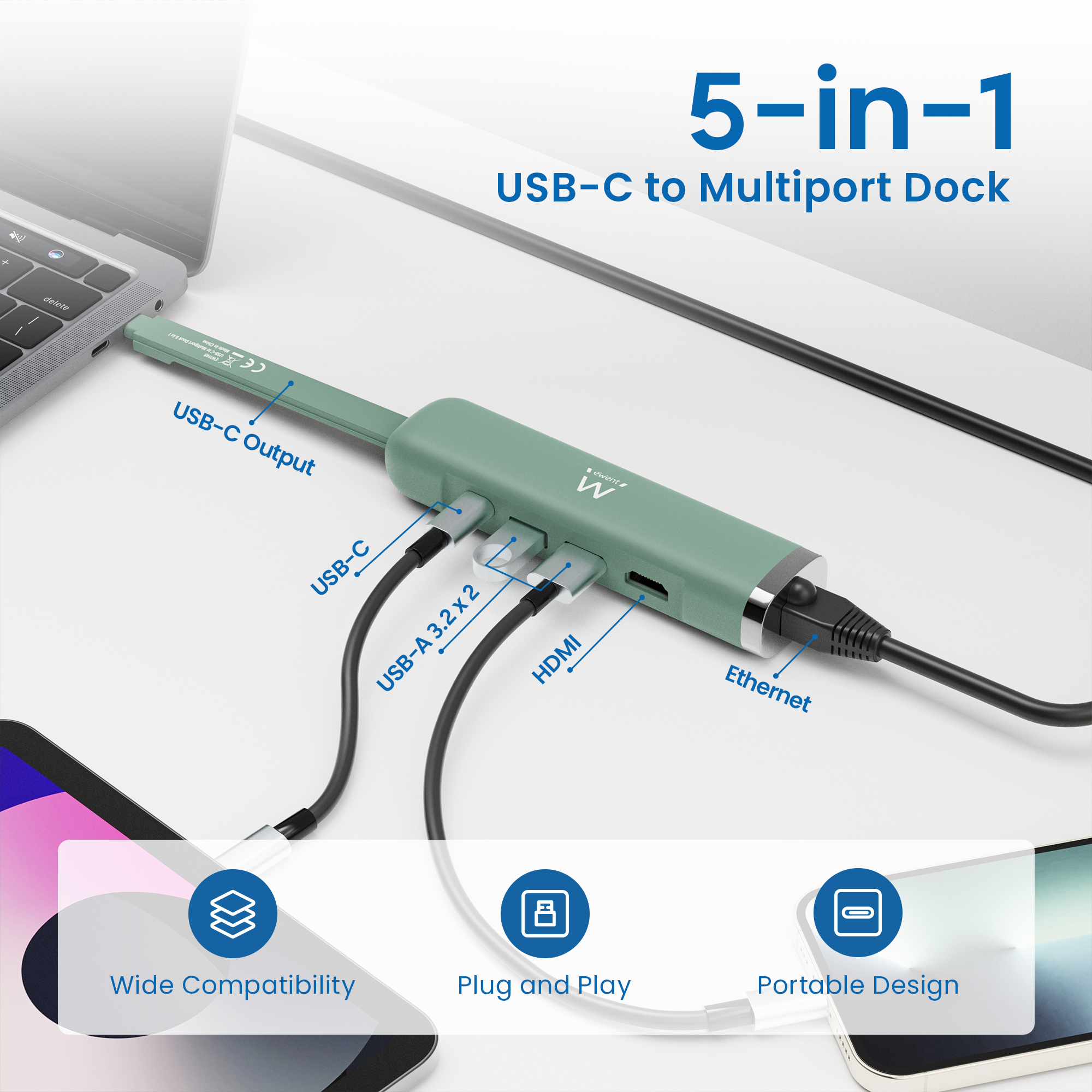 Ewent EW1148 laptop dock/port replicator Wired USB 3.2 Gen 1 (3.1 Gen 1) Type-C Green – image 4