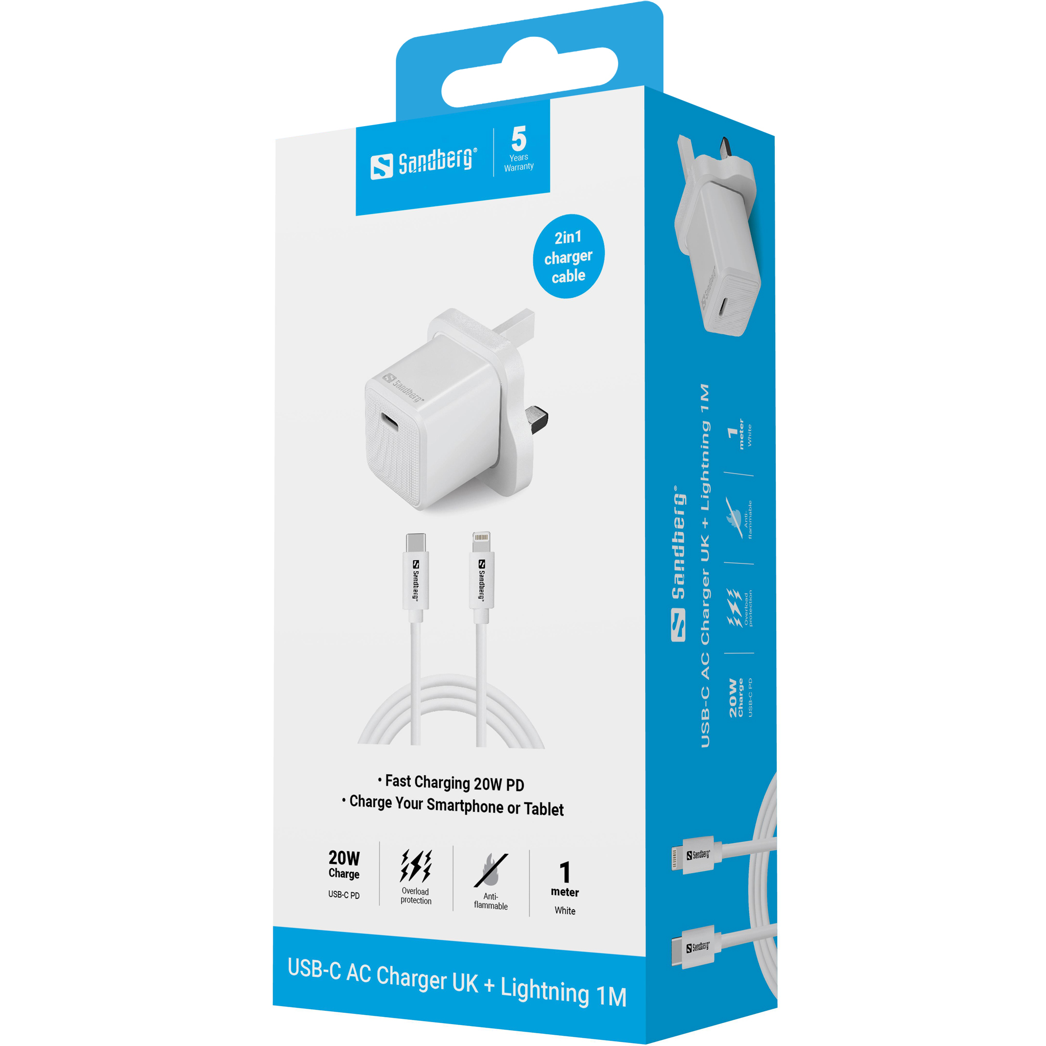 Resim Sandberg 441-64 USB-C AC 20W Şarj Cihazı UK + Lightning 1M, Beyaz
