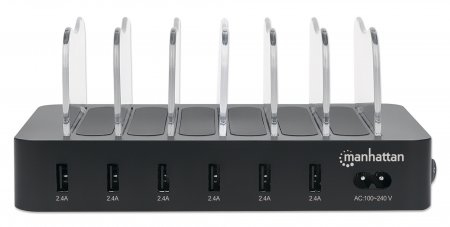 Manhattan Estación de carga con 6 puertos USB-A, salidas 6 × 2,4 A, Smart IC, indicadores LED, color negro, garantía de tres años