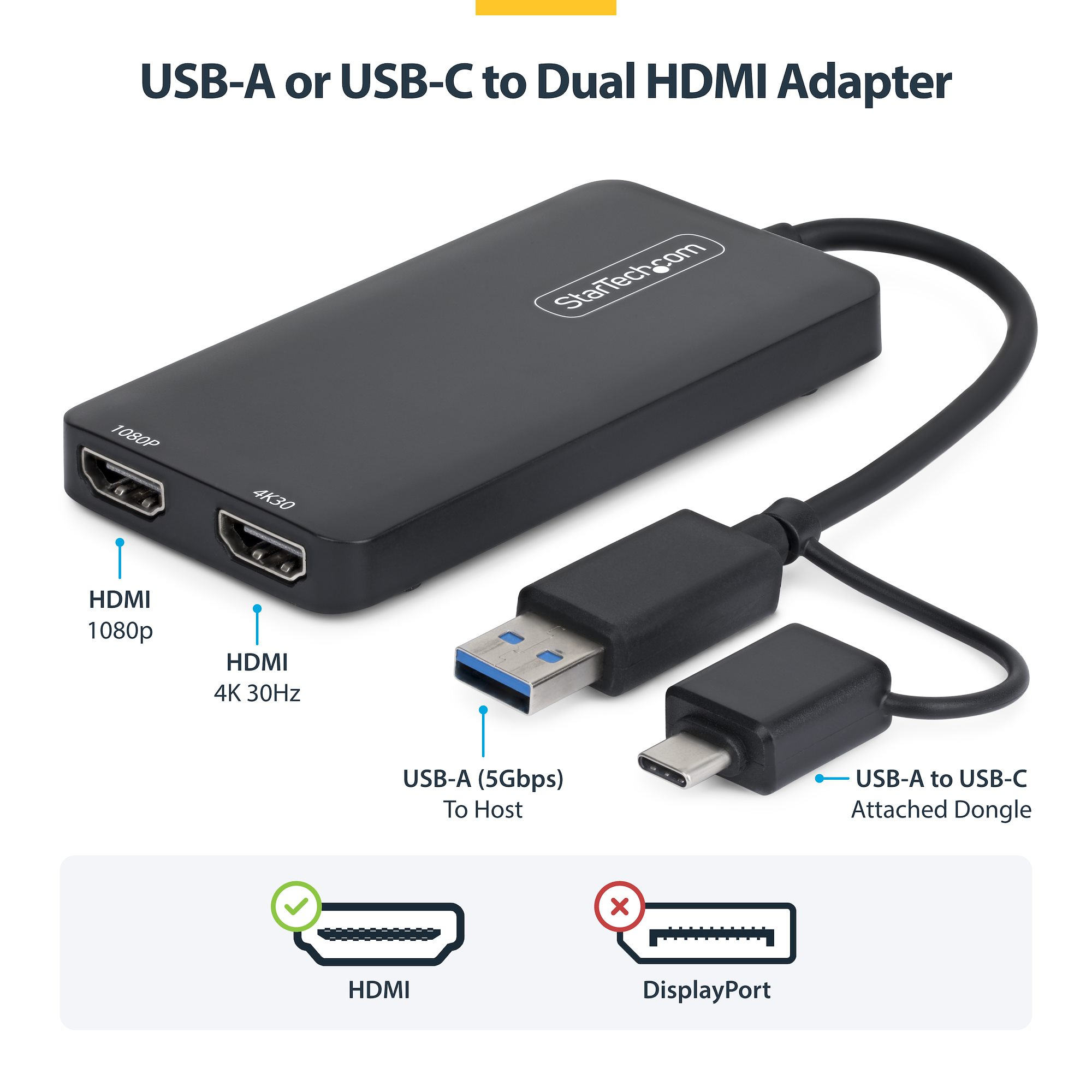 StarTech.com USB to Dual HDMI Adapter, USB A/C to 2x HDMI Displays (1x 4K30Hz – image 2