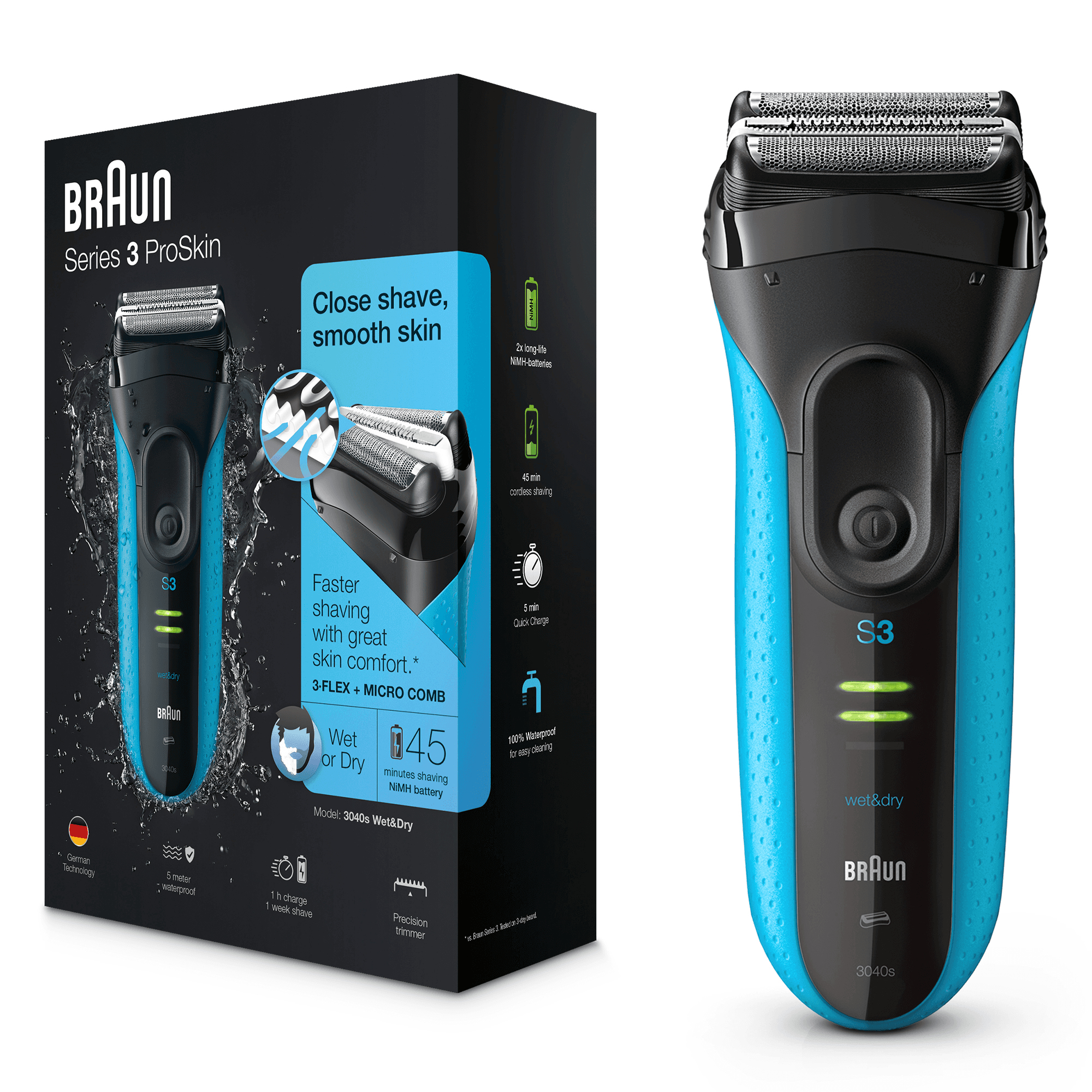 Braun 3-3040s Foil shaver Trimmer Black, Blue – image 2