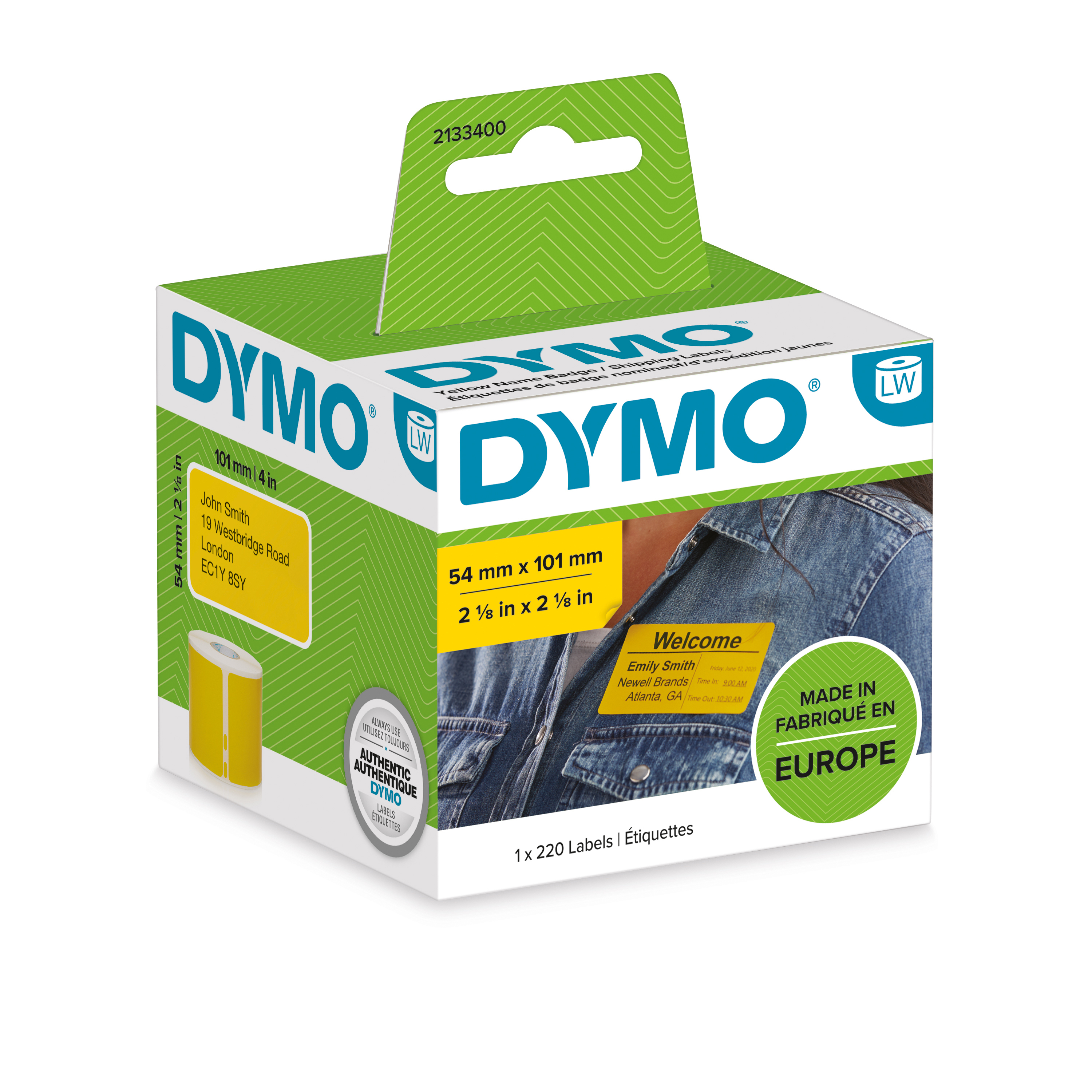 DYMO LW grandes étiquettes authentiques d'expédition / insignes de nom authentiques | Impression noire sur étiquette jaune | 54 mm x 101 mm | Auto-adhésif | Rouleau de 220