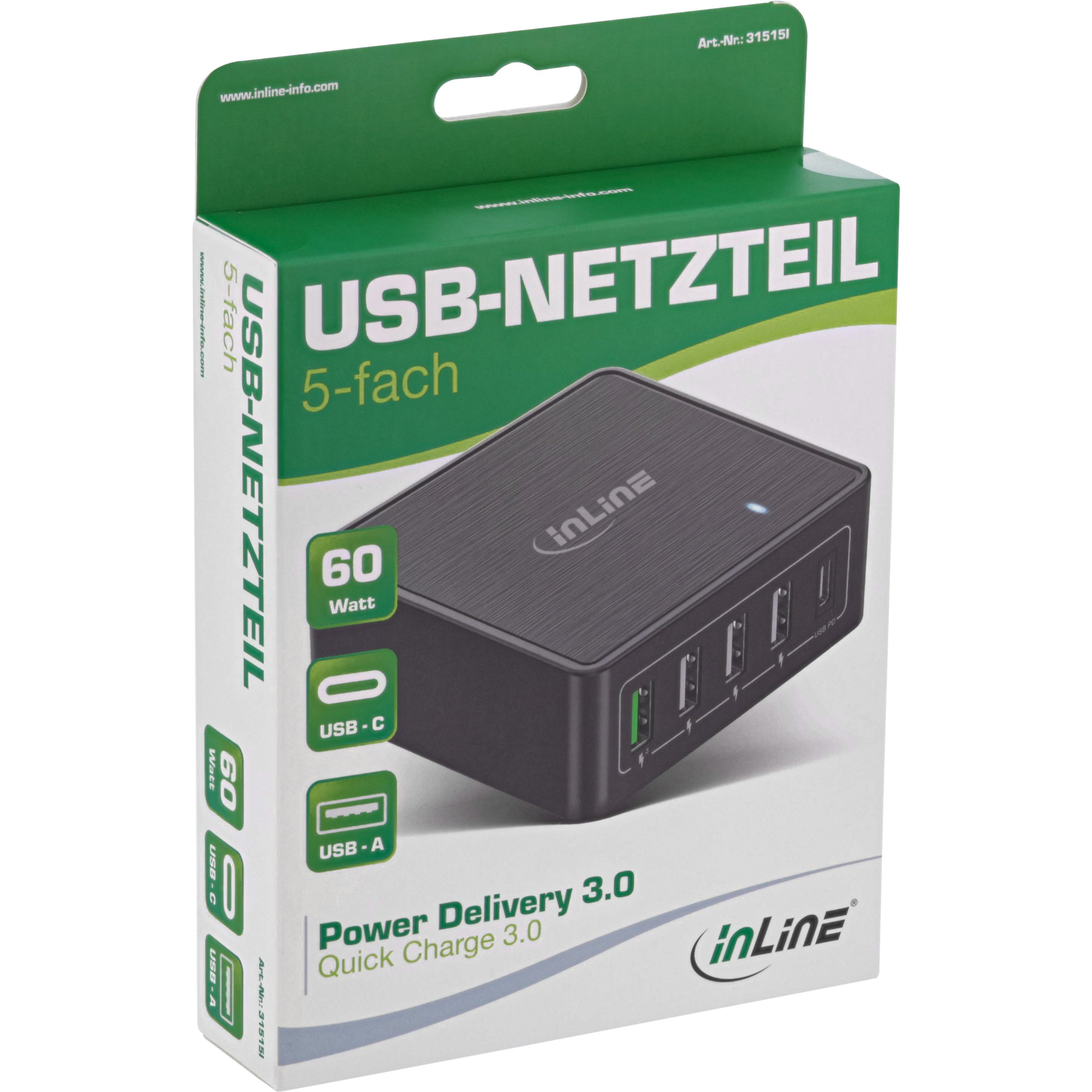 InLine PD + QC 3.0 USB power adapter, charger, 4x USB A + USB-C – image 4