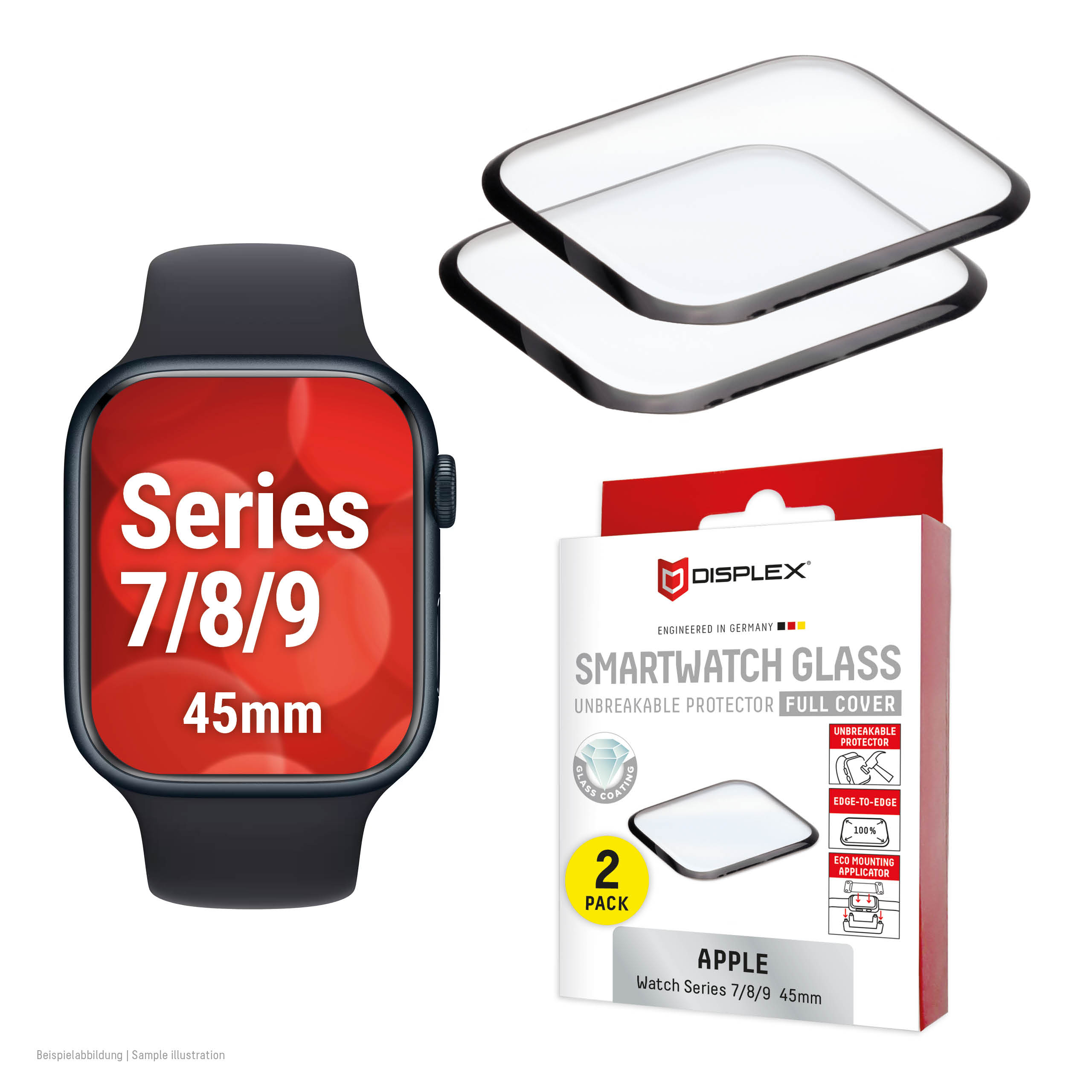 Displex Unbreakable Full Cover Smart Glass Apple Watch 9/8/7 (45mm), 2-Pack, Ultra-Thin, Edge-to-Edge, Eco Mount