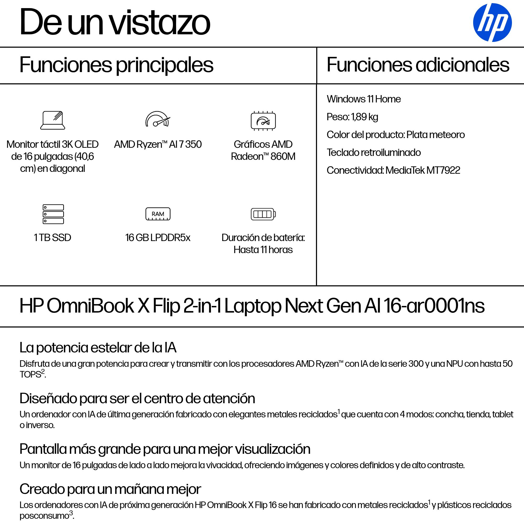 HP - Convertible 2 en 1 HP OmniBook X Flip 16-ar0001ns, Copilot+PC, Ryzen IA 7-350, 16GB, 1TB SSD, 16' OLED, W11. - imagen 6