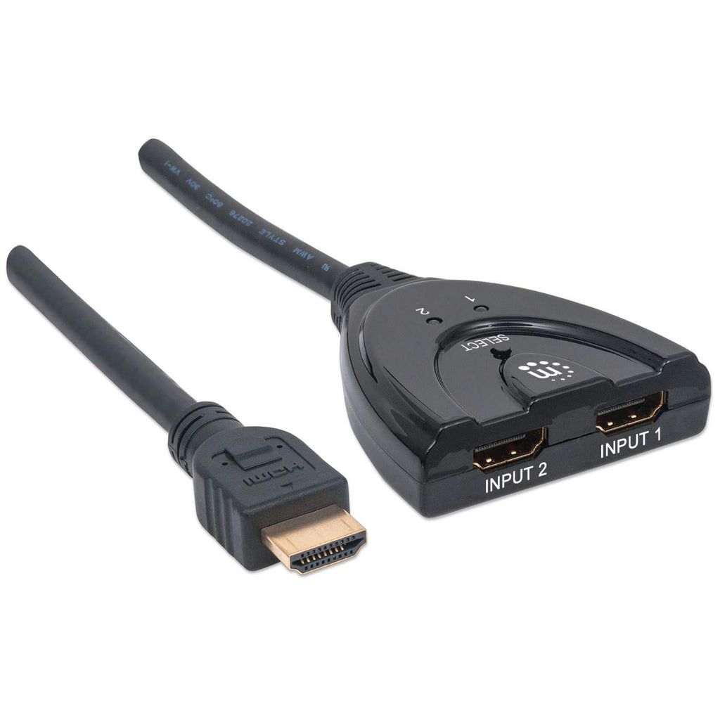 Manhattan HDMI Switch 2-Port, 1080p, Connects x2 HDMI sources to x1 display, Manual Switching (via button), Integrated Cable (50cm), No external power required, – image 2