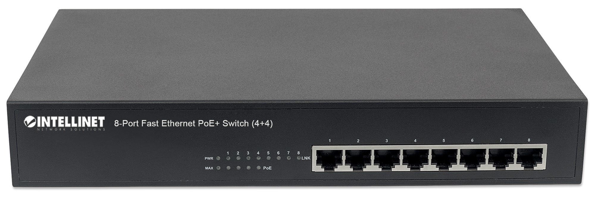 Intellinet 8-Port Fast Ethernet PoE+ Switch, 4 x PoE IEEE 802.3at/af Power-over-Ethernet (PoE+/PoE) ports, 4 x Standard RJ45 Ports, Endspan, Desktop – image 3