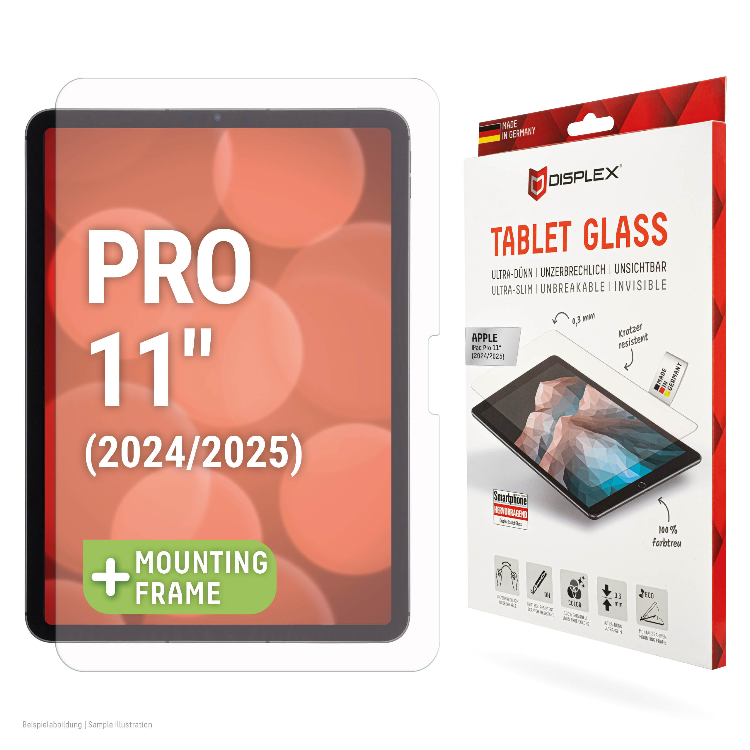 Displex Tablet Glass (9H) for Apple iPad Pro 11'' (2025/2024), Eco Mounting Frame, unbreakable, ultra-slim, invisible