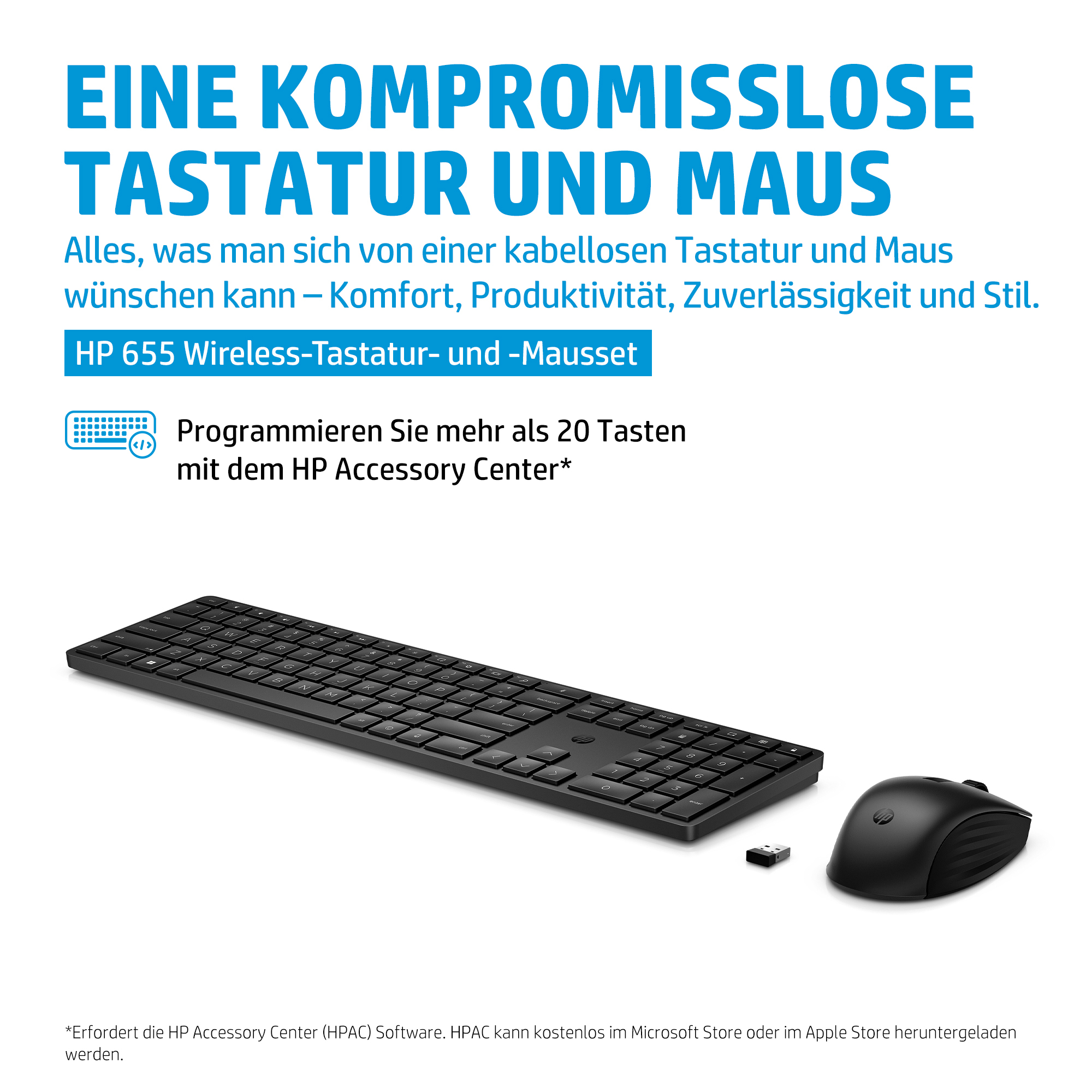 HP 655 Wireless Keyboard and Mouse Combo. Keyboard form factor: Full-size (100%), Connectivity technology: Wireless, Devic