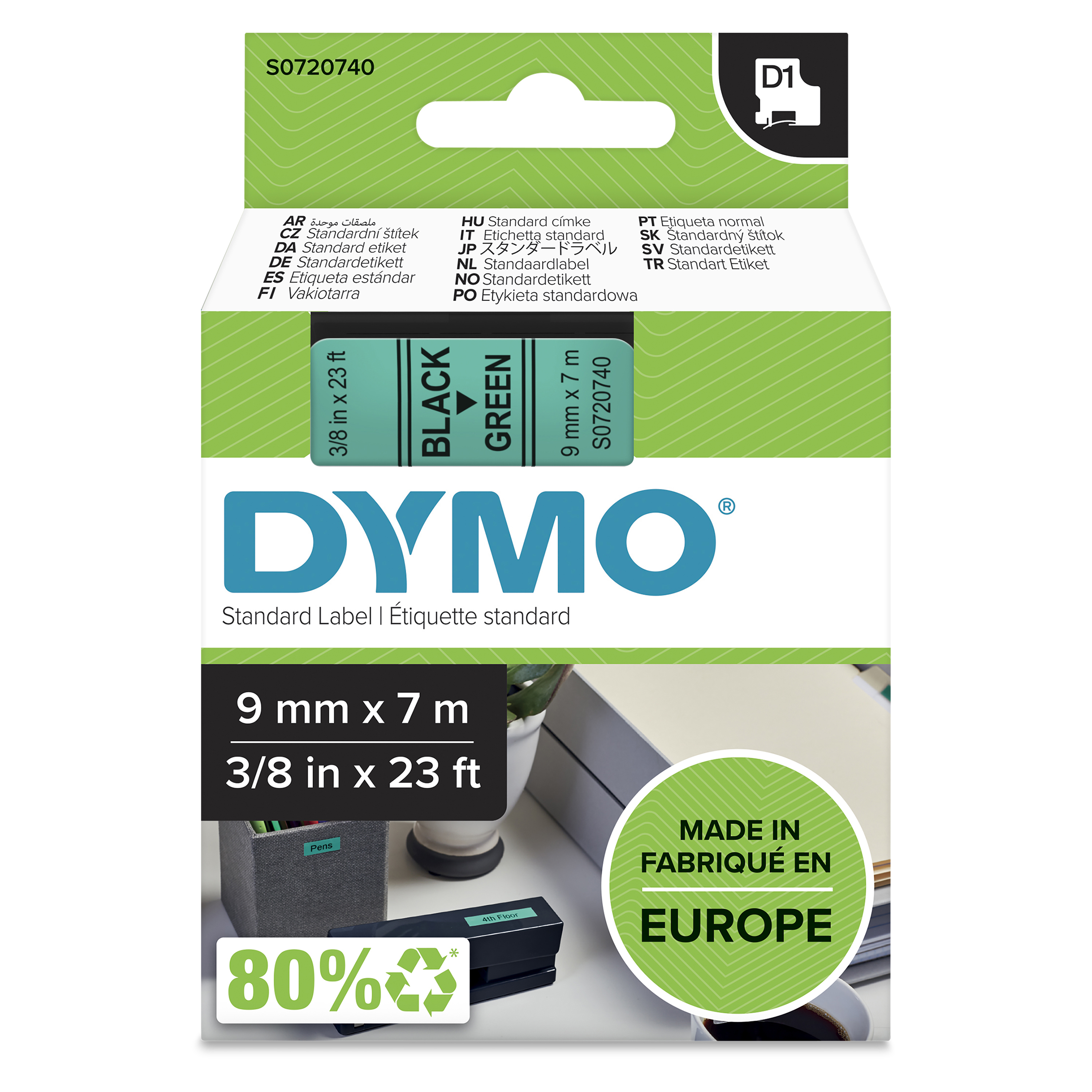 D1-TAPE 9MM X 7M BLACK ON GREEN