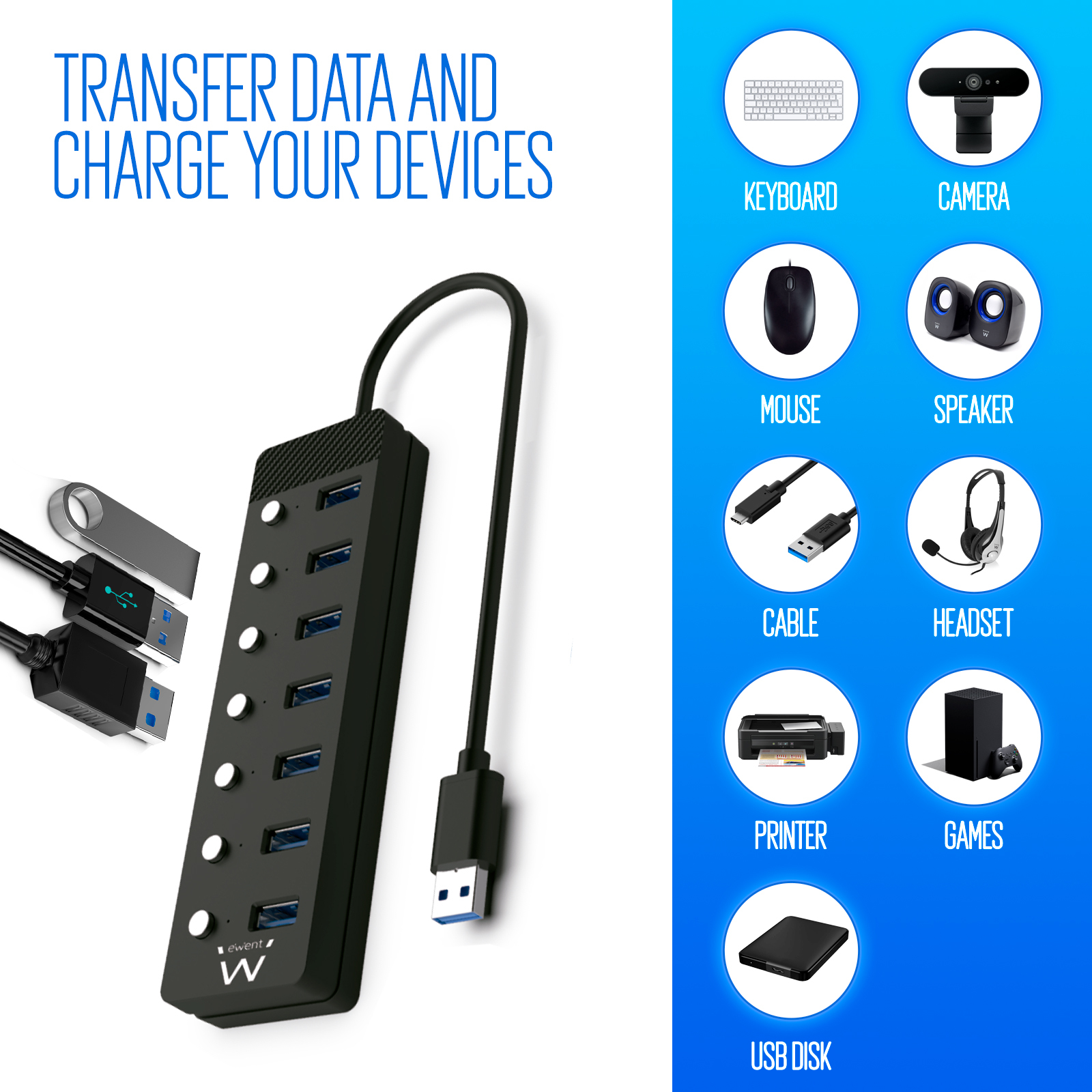 Ewent EW1147 interface hub USB 3.2 Gen 1 (3.1 Gen 1) Type-A 5000 Mbit/s Black – image 2
