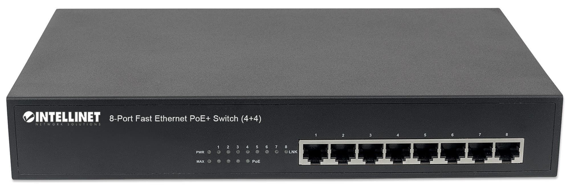 Intellinet 8-Port Fast Ethernet PoE+ Switch, 4 x PoE IEEE 802.3at/af Power-over-Ethernet (PoE+/PoE) ports, 4 x Standard RJ45 Ports, Endspan, Desktop – image 3