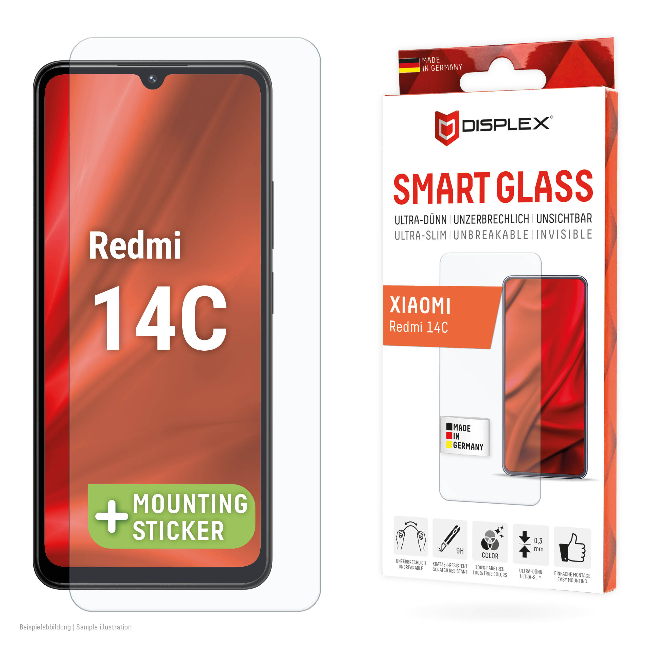 Displex Smart Glass (9H) for Xiaomi Redmi 14C, Mounting Sticker, unbreakable