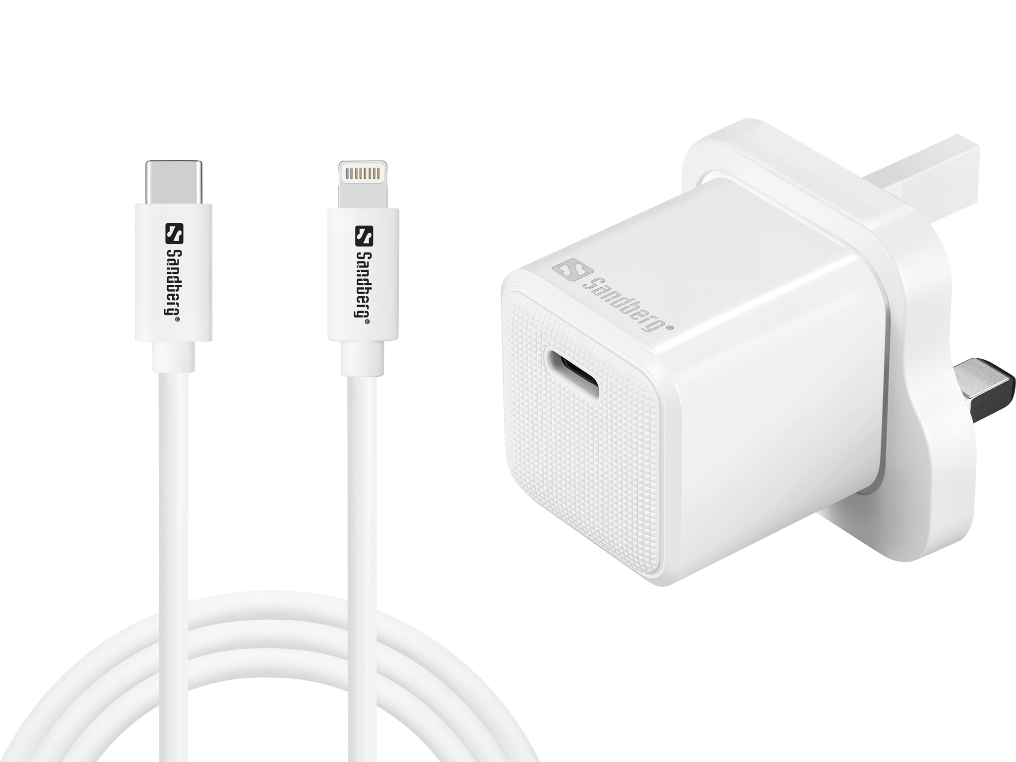 صورة شاحن Sandberg 441-64 USB-C AC بقوة 20 واط مع كابل Lightning 1 متر - أبيض