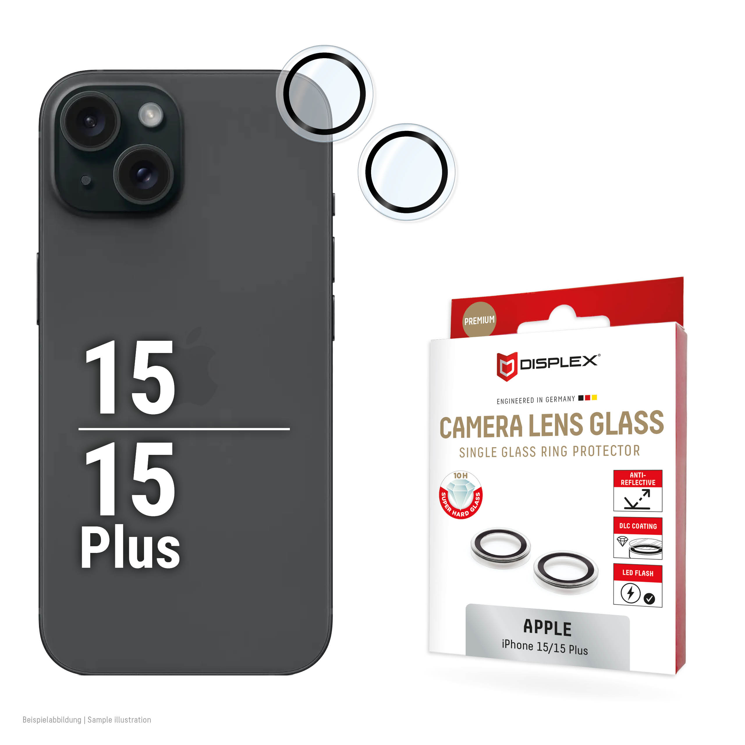 Displex Premium Camera Lens Glass, iPhone 15/15 Plus, 10H, Single Rings, DLC, transparent, Quick Mount
