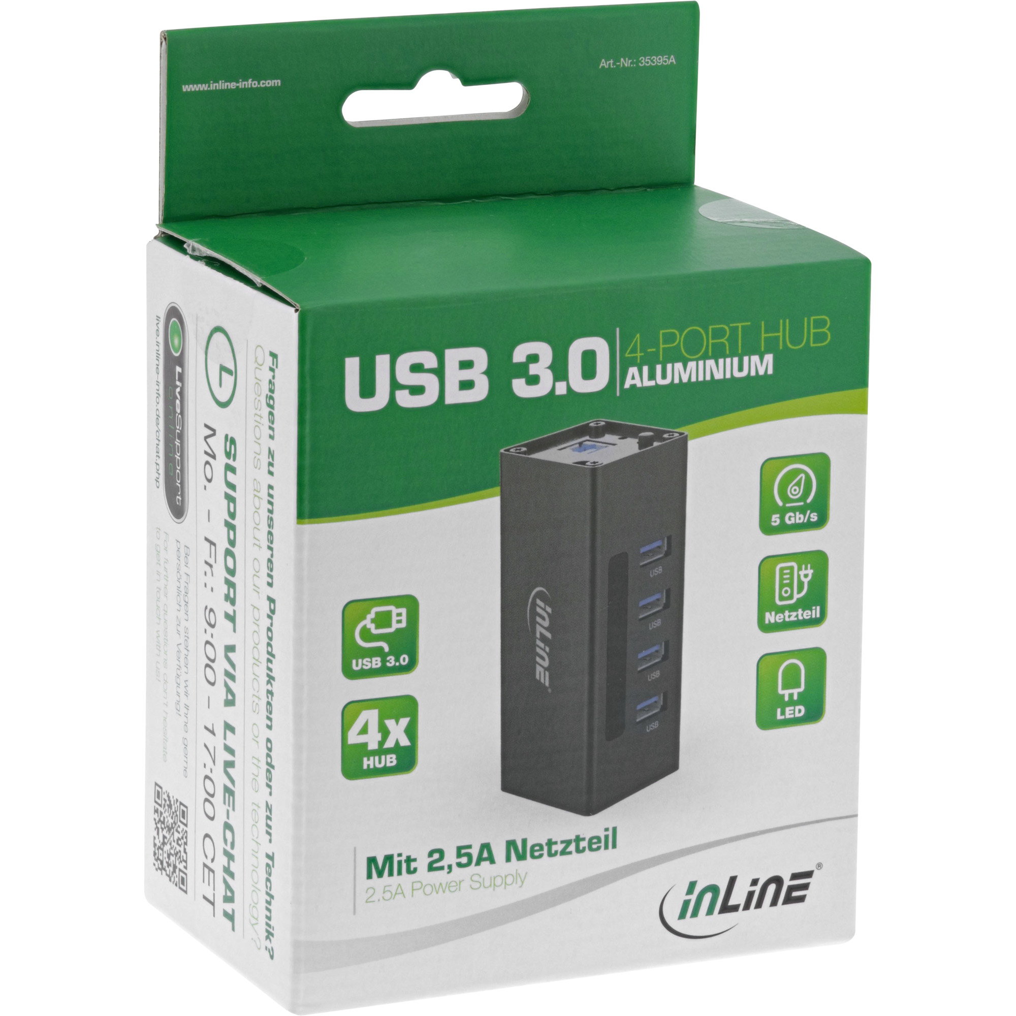 InLine USB 3.0 Hub, 4 port, aluminium case, with 2.5A power supply – image 3