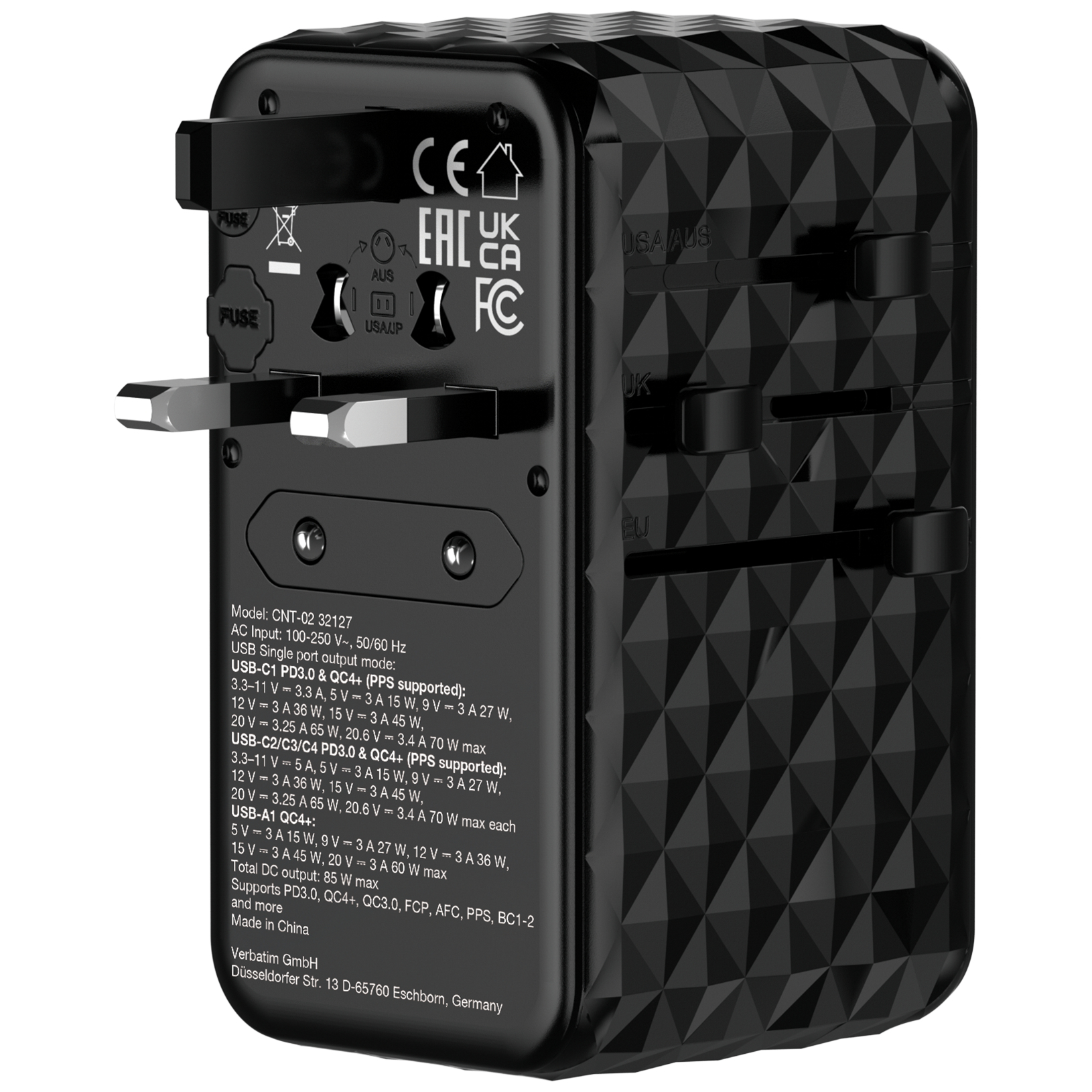 Resim Verbatim Charge 'n' Travel Diamond 85W CNT-02 AC Şarj Cihazı, 1x USB 2.0, 3x USB Type-C, Siyah