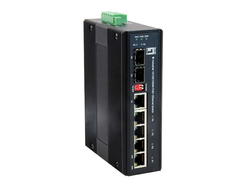 LevelOne 6-Port Gigabit PoE Industrial Switch, 802.3at/af PoE, 4 PoE Outputs, 1 x SFP, 1 x SFP/RJ45 Combo, DIN-Rail, -40°C to 75°C