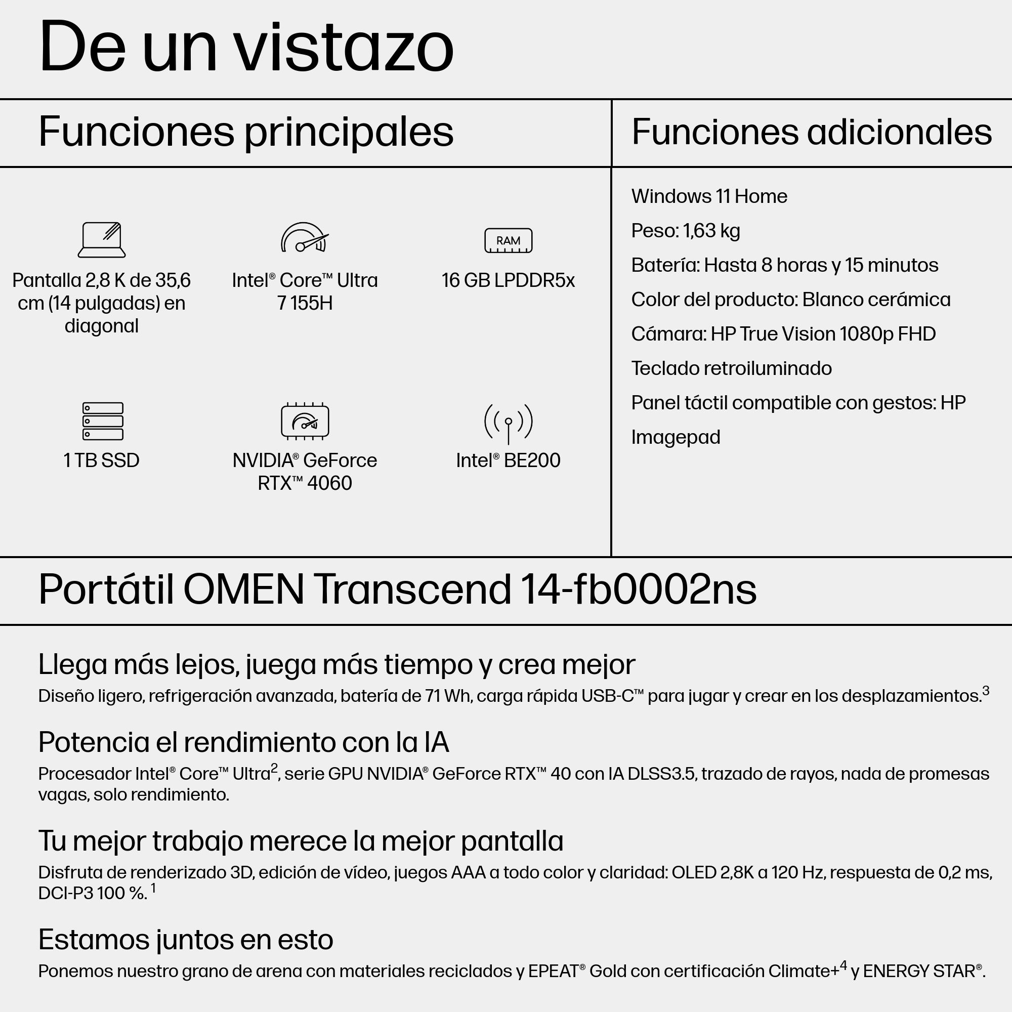 HP - Portátil Gaming HP OMEN Transcend 14-fb0002ns, Intel Core Ultra 7-155H, 16GB, 1TB SSD, Nvidia GeForce RTX 4060, 14', W11. - imagen 5