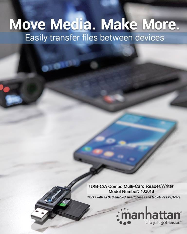 Manhattan USB-A and USB-C Multi-Card Reader/Writer, Combo USB-C/USB-A, 480 Mbps, 24-in-1, Windows or Mac, Black, Blister – image 2