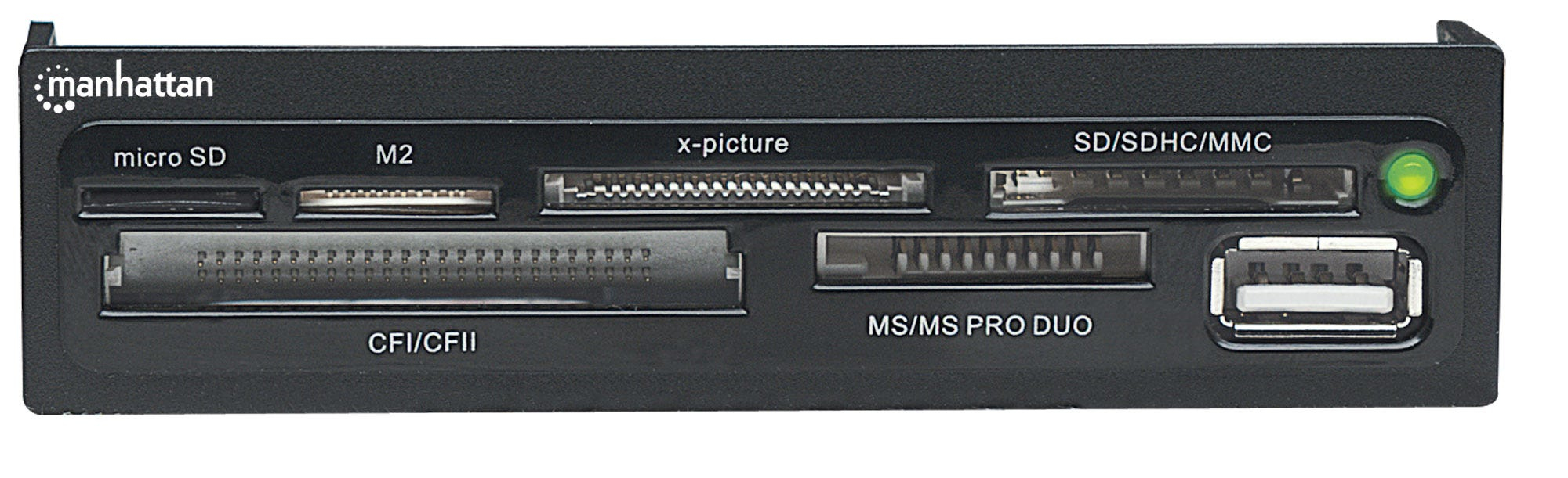 Manhattan 3.5" Bay Mount Expansion Panel, 1x USB-A port, Multi-Card Reader/Writer 60-in-1, 480 Mbps (USB 2.0), Hi-Speed USB, Black, Three Year Warranty, Box – image 3