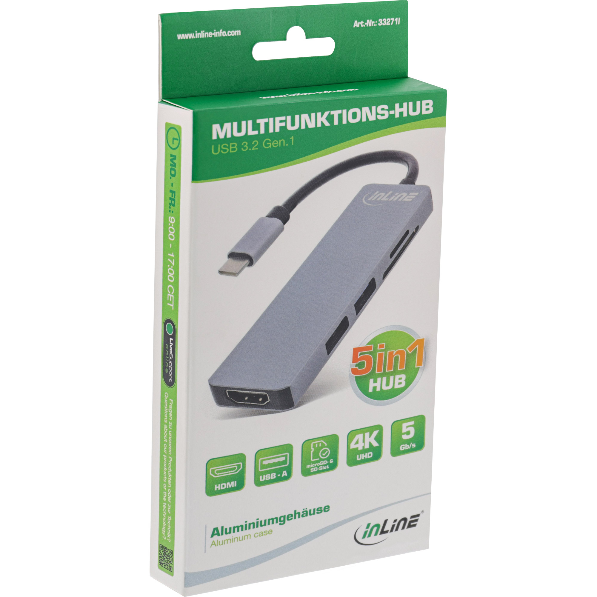 InLine Multi-hub USB 3.2 Gen.1, 2x USB-A, HDMI 4K/30Hz, card reader, alu, grey – image 5