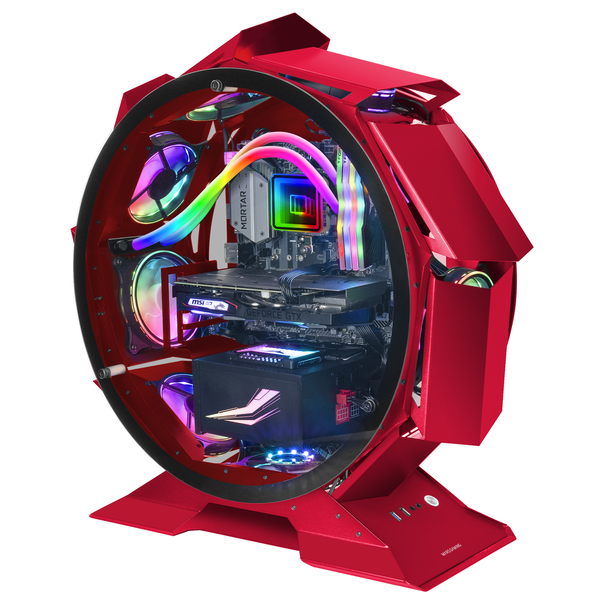 Mars Gaming MCORB Red Micro-ATX XL Gaming PC Case Custom Circular Design Double Tempered Glass – image 1