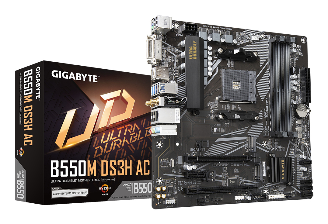 Tarjeta Madre Gigabyte B550M DS3H AC - Socket AM4 - 4x DDR4 - 2133/3200/4733(O.C.) - HDMI - DVI - USB 2.0/3.2 - Micro ATX - B550M DS3H AC