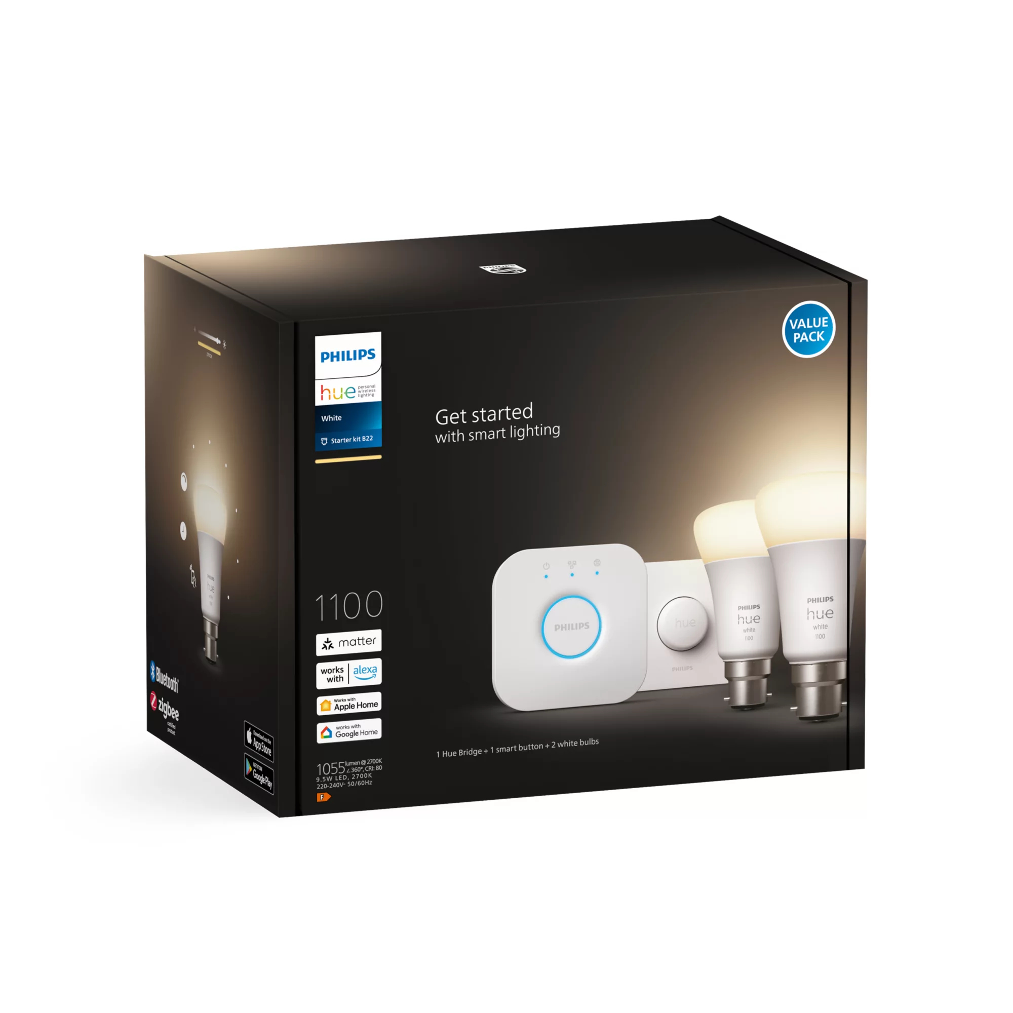 Philips by Signify Philips Hue White Starter kit: 2 B22 smart bulbs (1100) + smart button – image 2