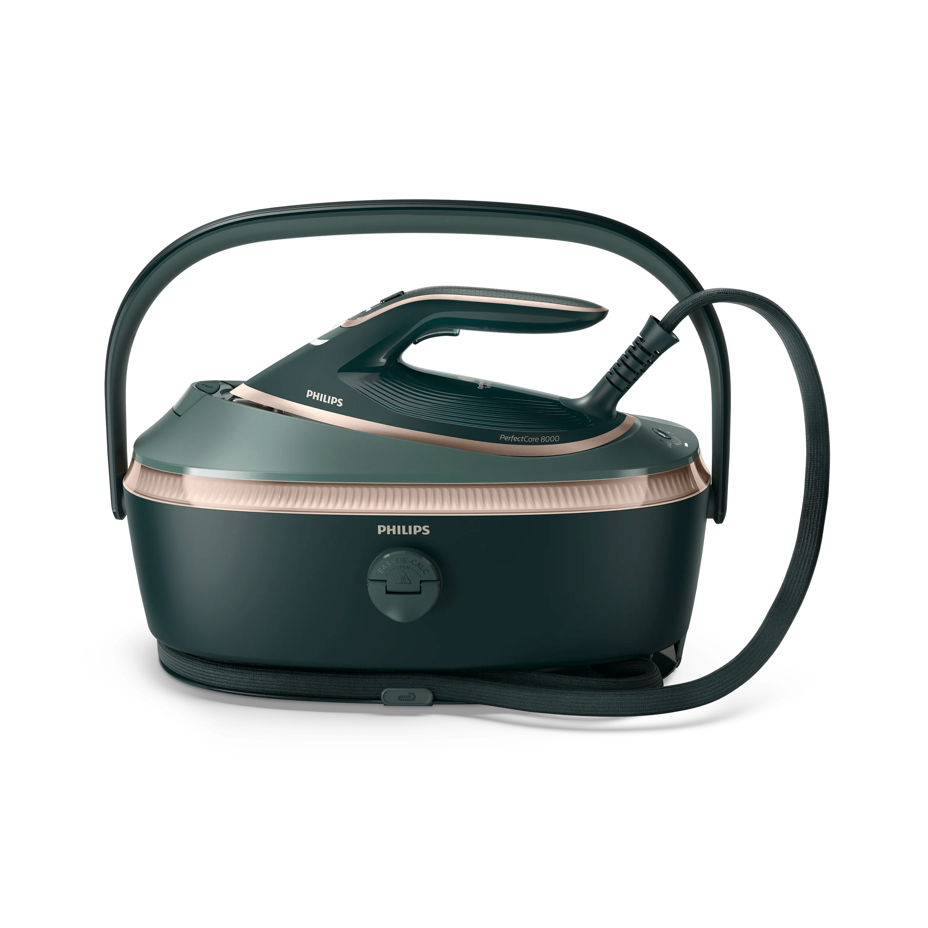Centro de planchado - Philips PerfectCare 8000 PSG8200/70, Presión 9 bar, Tecnología OptimalTEMP, Suela Nanotitanio SteamGlide, Deposito agua 1,4 l