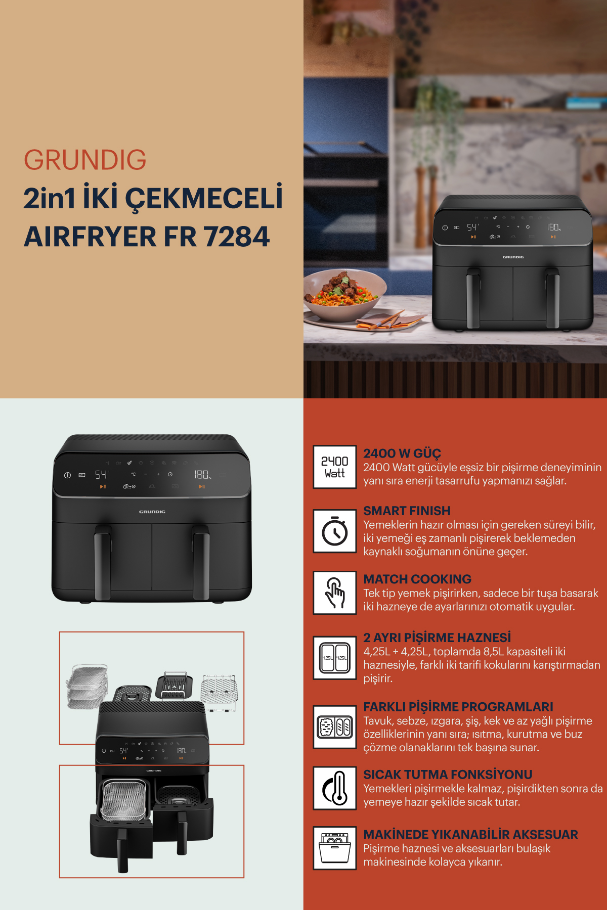 Grundig FR 7284 AirFit™ Twin 8.5L Çiftli Airfryer – image 7