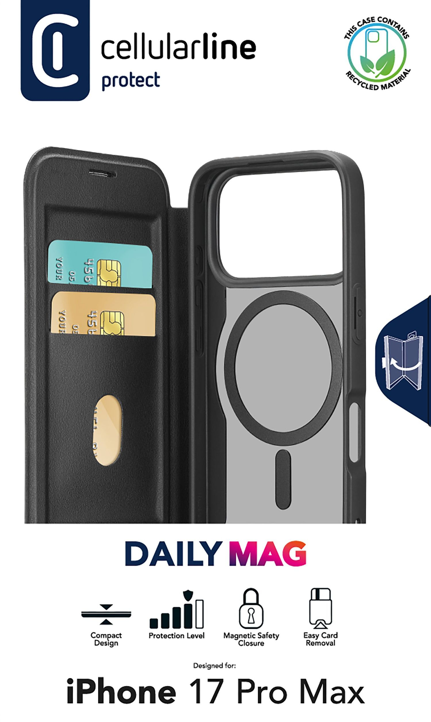 Daily Mag - iPhone 17 Pro Max Buchhülle mit halbdurchsichtigem Hartdeckel, kompatibel mit dem Magsafe®-Ökosystem