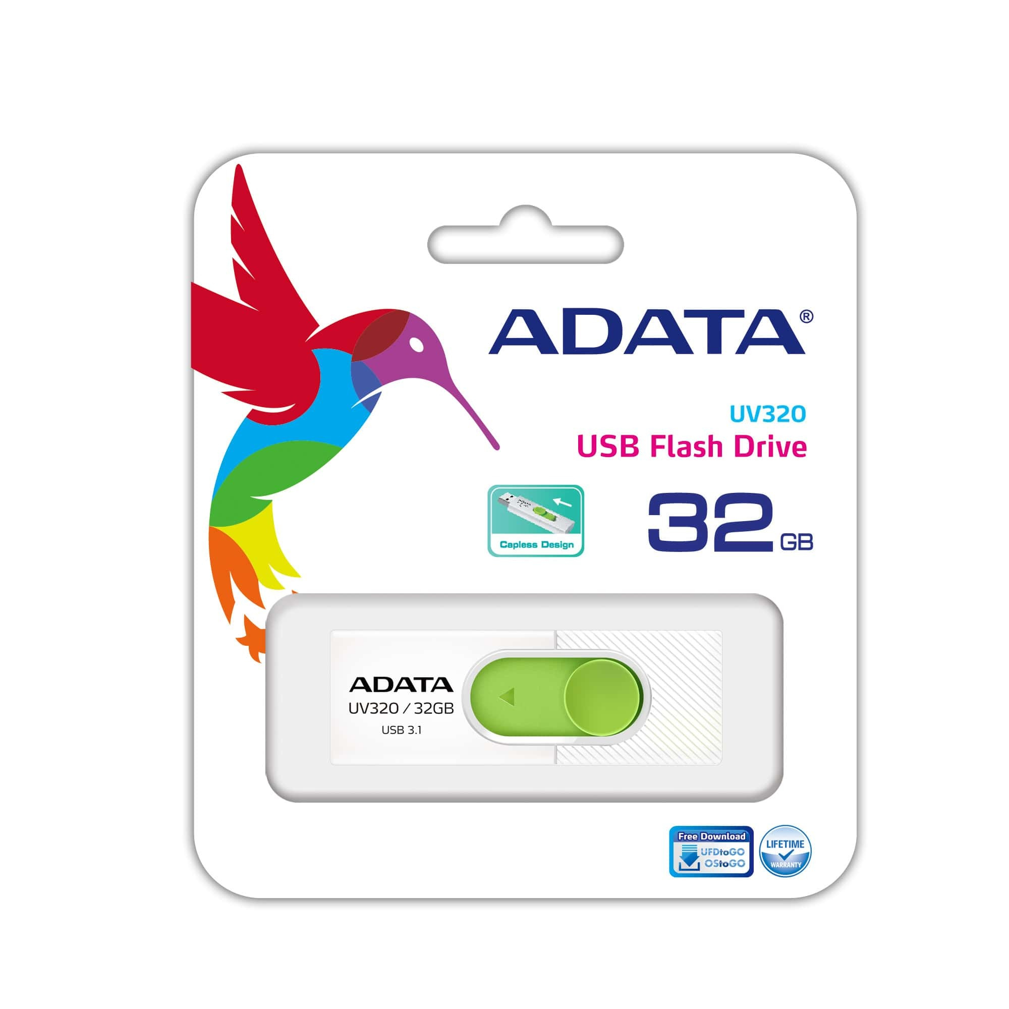 Memoria USB ADATA UV320 - 32GB - USB 3.1 - Blanco/verde - AUV320-32G-RWHGN