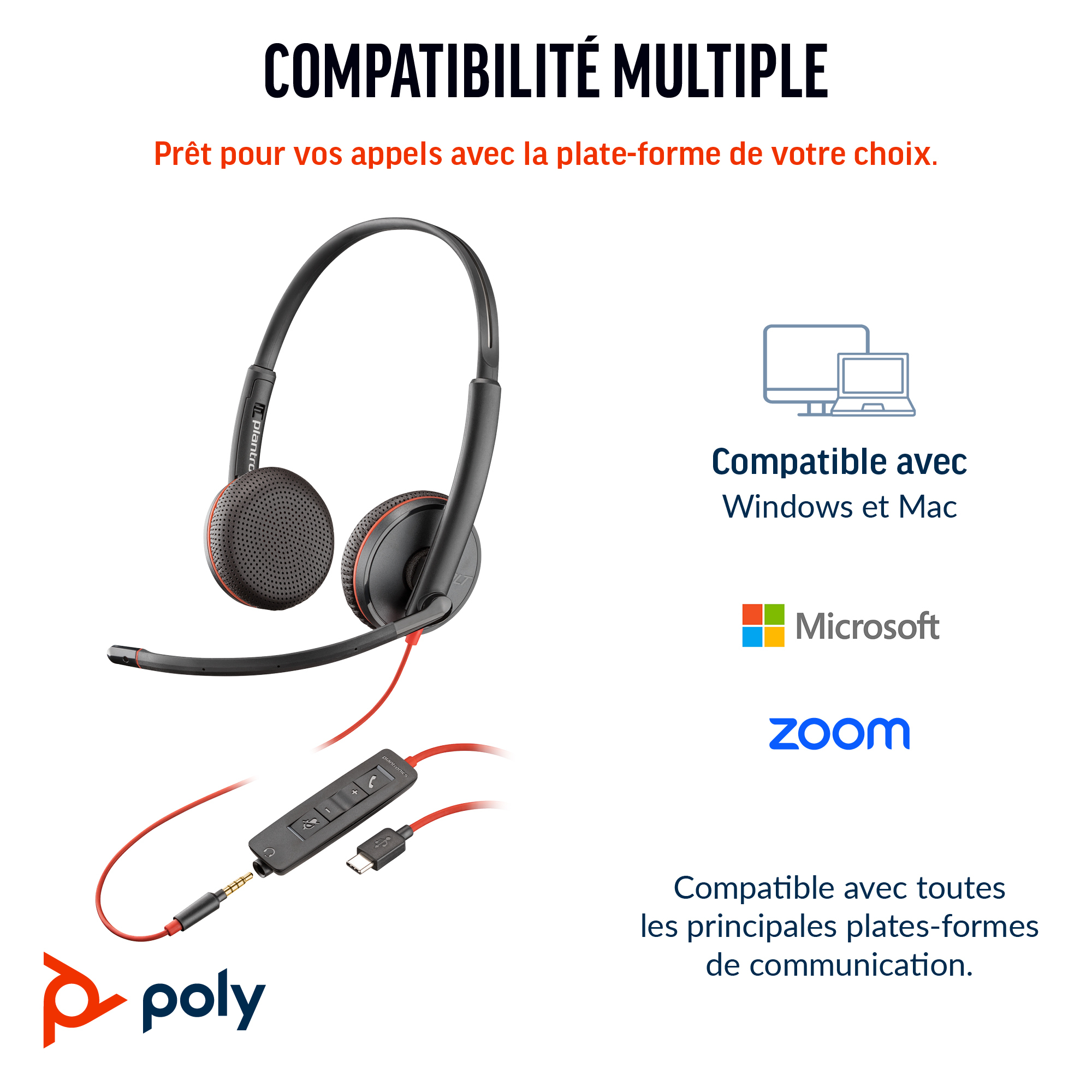 HP Poly Blackwire 3225 Stereo USB-C Headset +3.5mm Plug +USB-C/A Adapter (Bulk). Product colour: Black