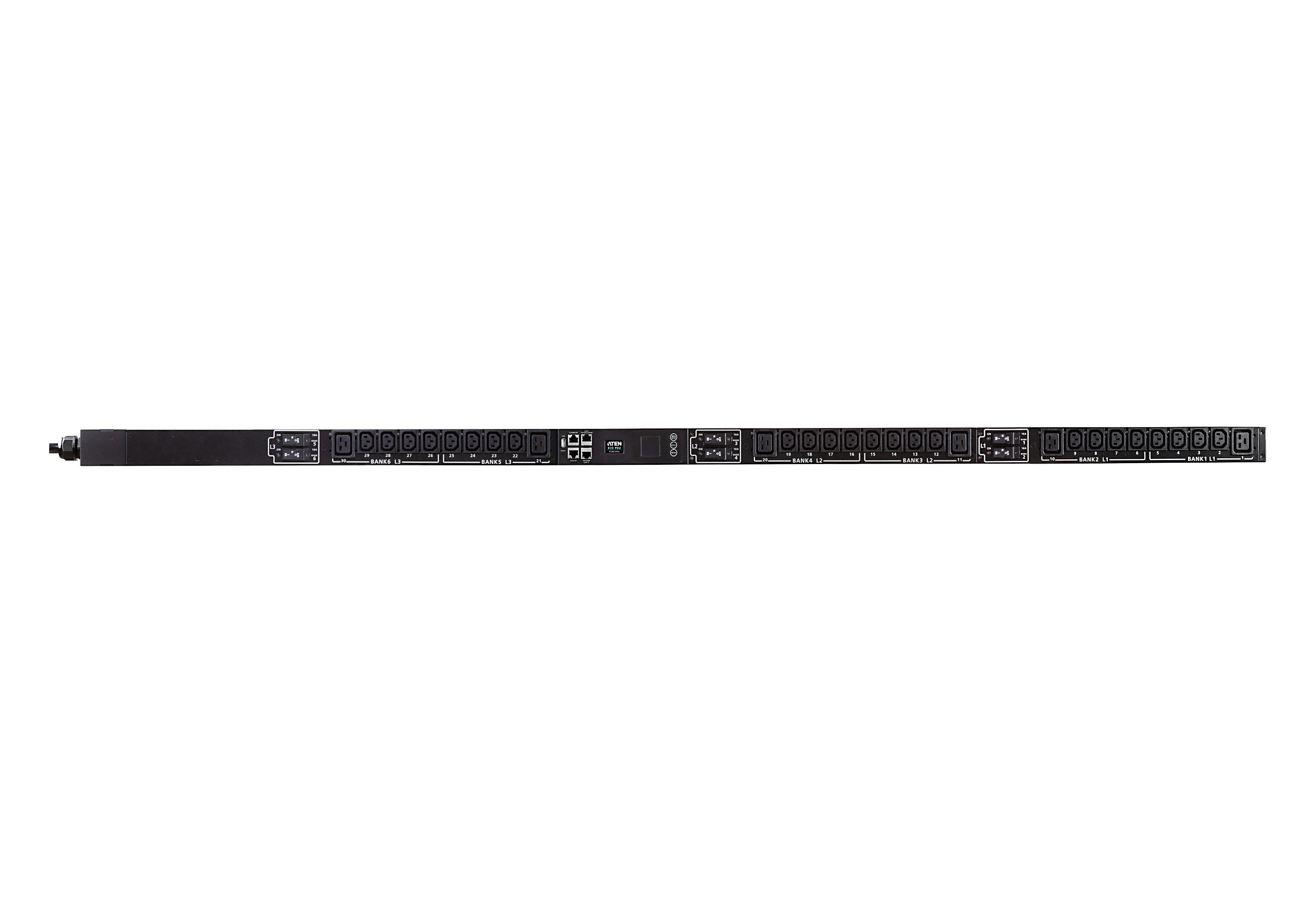 ATEN PG series PG96330G - Power distribution unit (rack-mountable) - 30A/32A, switched, eco - AC 230-400 V - 22170 VA - 3-phase - Ethernet 100/1000 - input: IEC 60309 3P+N+PE - output connectors: 30 (6 x IEC 60320 C19, 24 x IEC 60320 C13) - 0U - 3 m cord