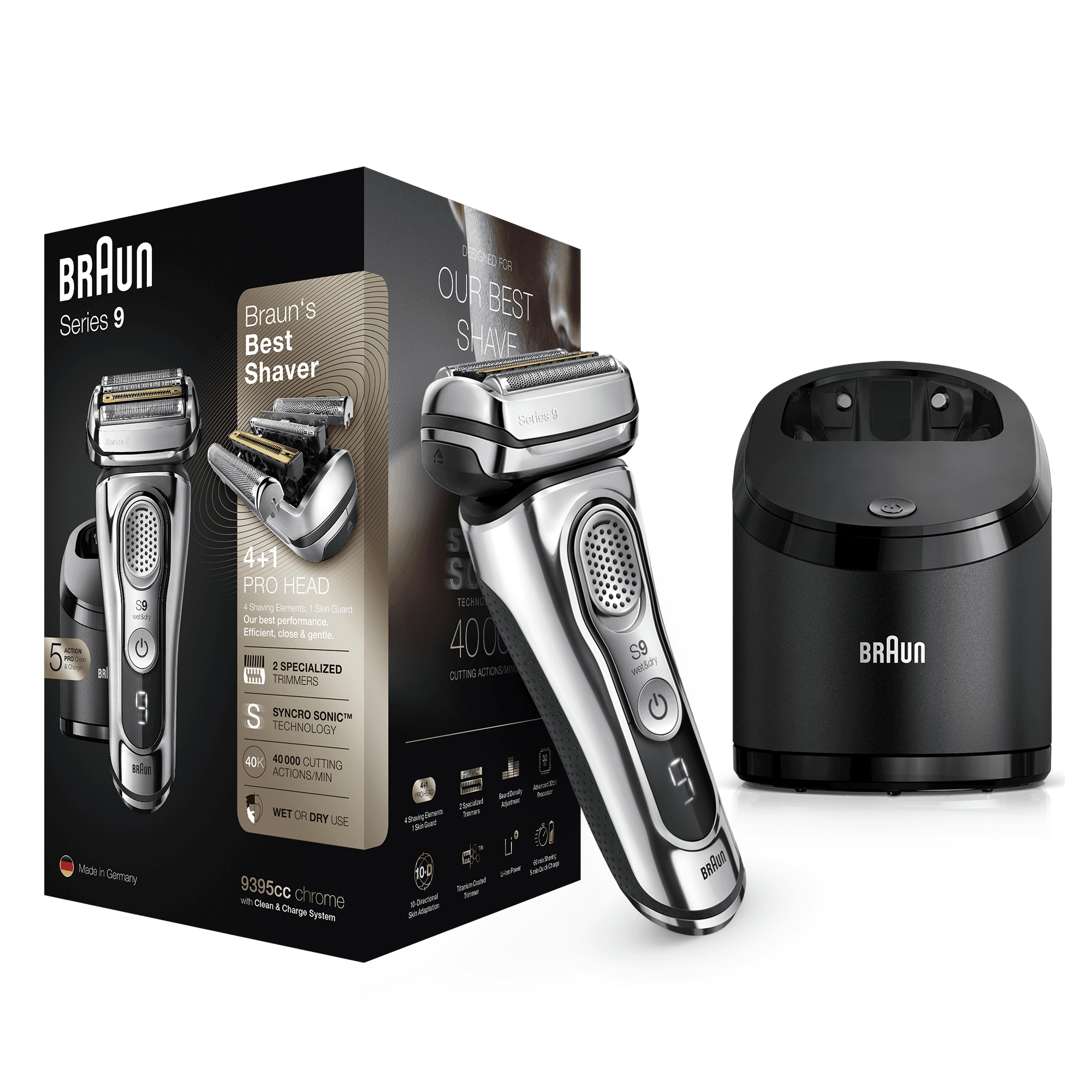 Braun Series 9 9395cc Latest Generation Electric Shaver, Clean&Charge Station, Leather Case, Chrome – image 3