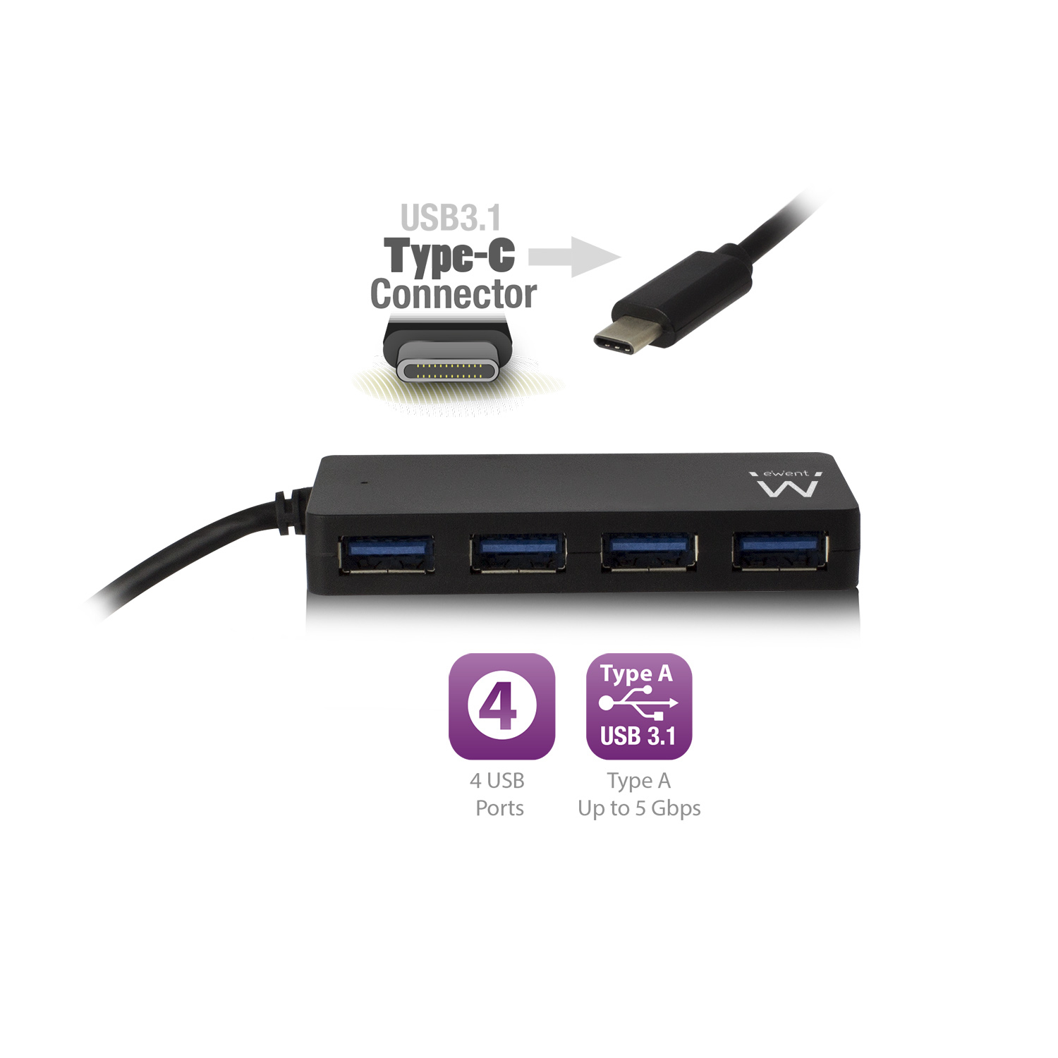 Ewent EW1135 interface hub USB 3.2 Gen 1 (3.1 Gen 1) Type-C 5000 Mbit/s Black – image 3