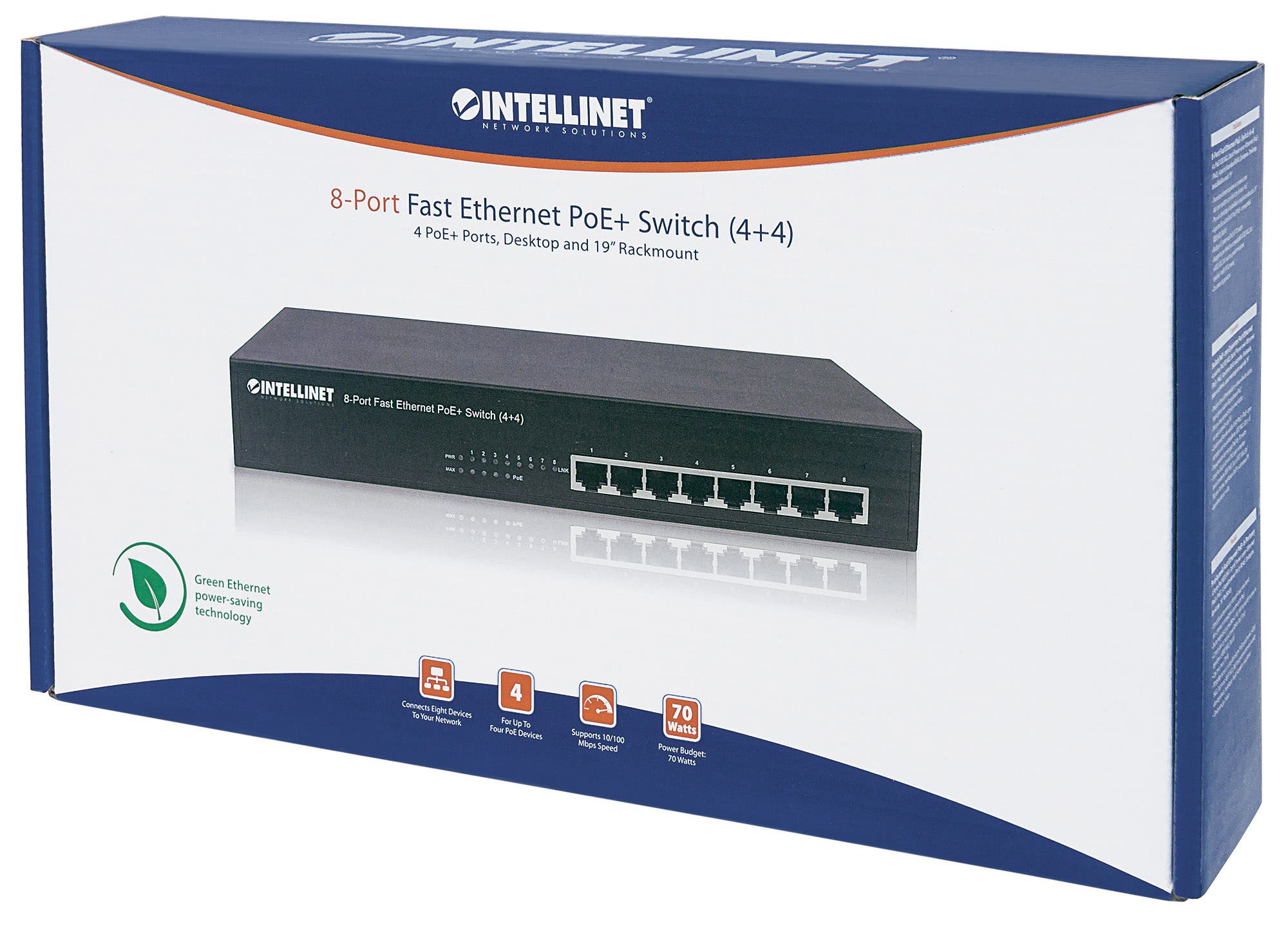 Intellinet 8-Port Fast Ethernet PoE+ Switch, 4 x PoE IEEE 802.3at/af Power-over-Ethernet (PoE+/PoE) ports, 4 x Standard RJ45 Ports, Endspan, Desktop – image 7