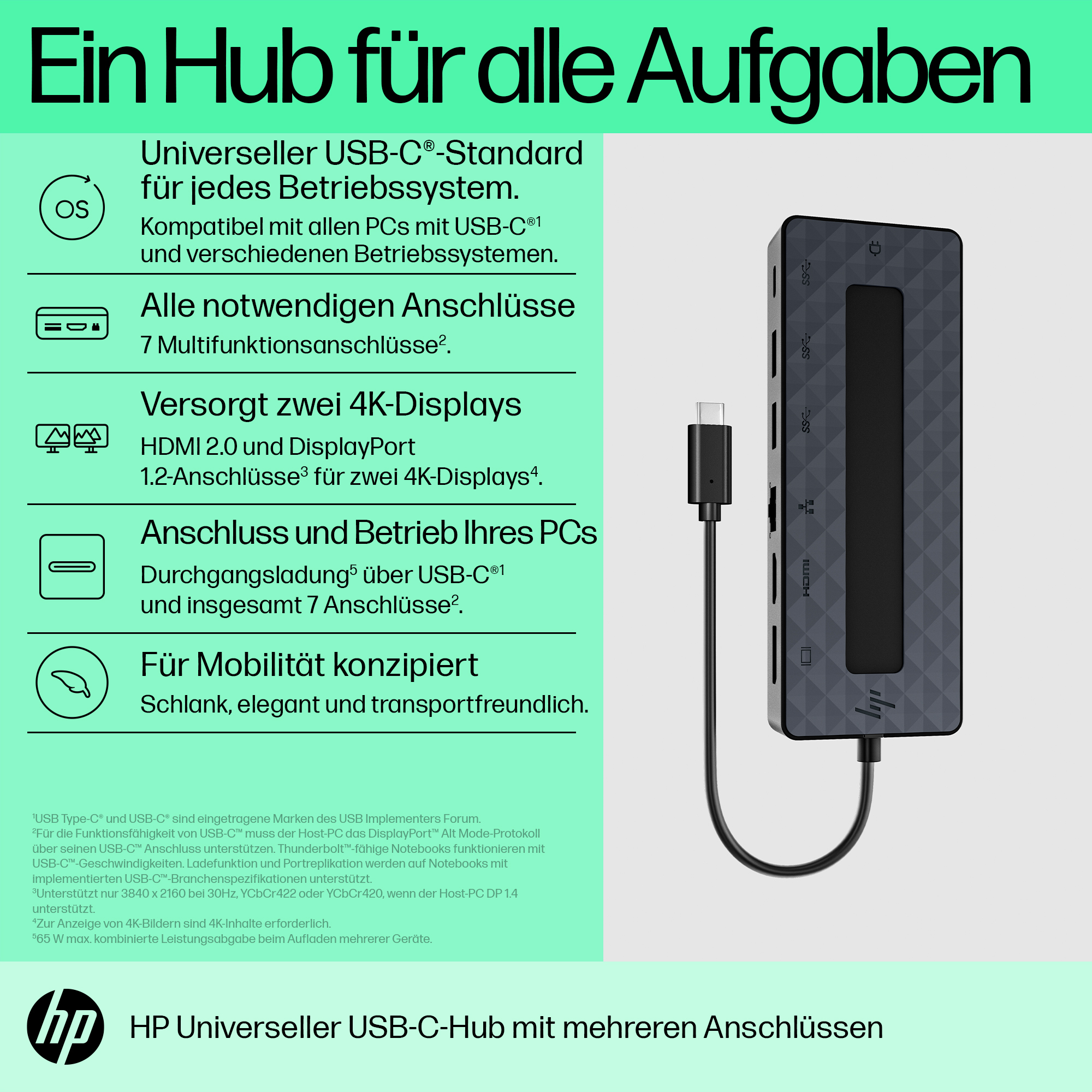 HP Universal USB-C Multiport Hub. Connectivity technology: Docking, Host interface: USB 3.2 Gen 2 (3.1 Gen 2) Type-C. Prod