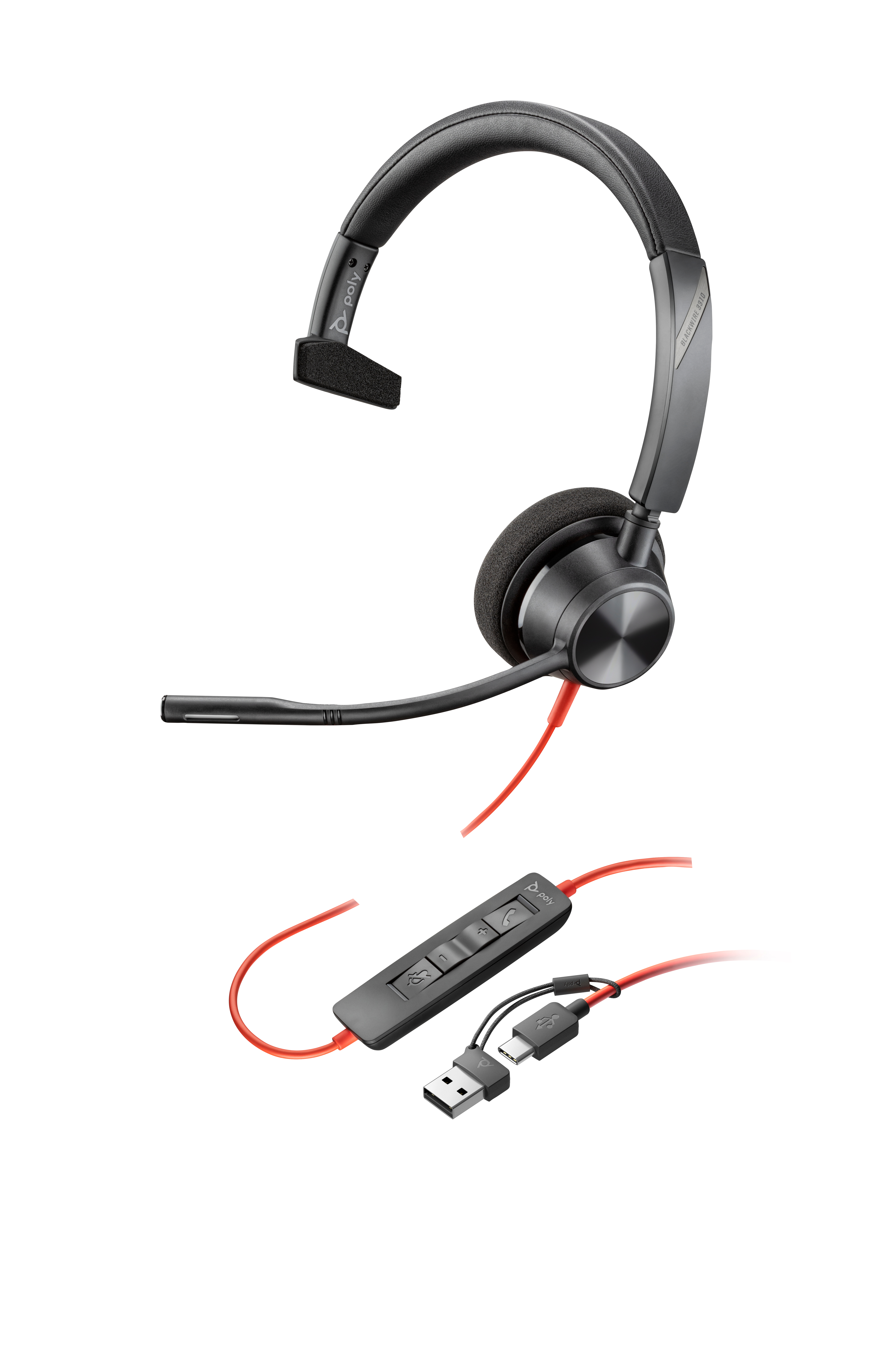 HP Poly Blackwire 3310 Monaural USB-C Headset with USB-C/A Adapter 8X215AA